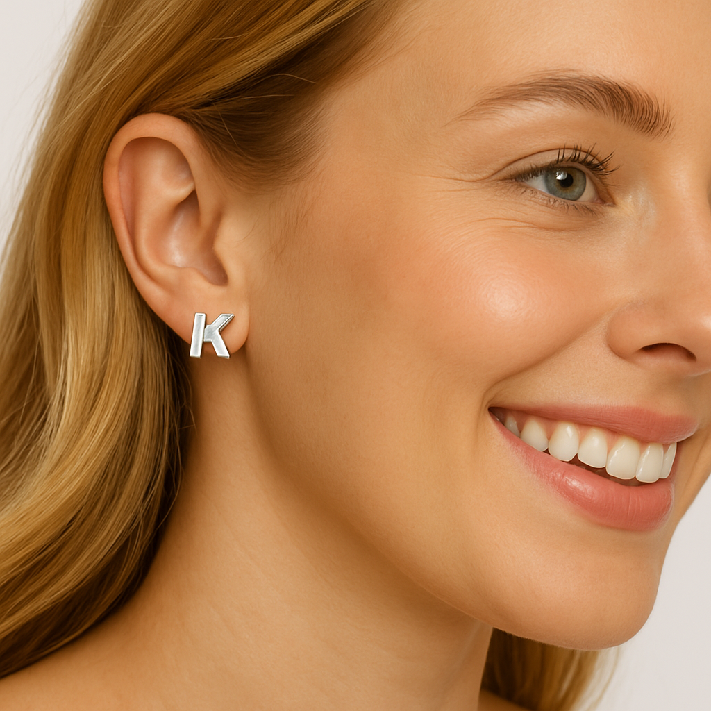 Orecchini a bottone con monogramma iniziale "K" – Argento Sterling