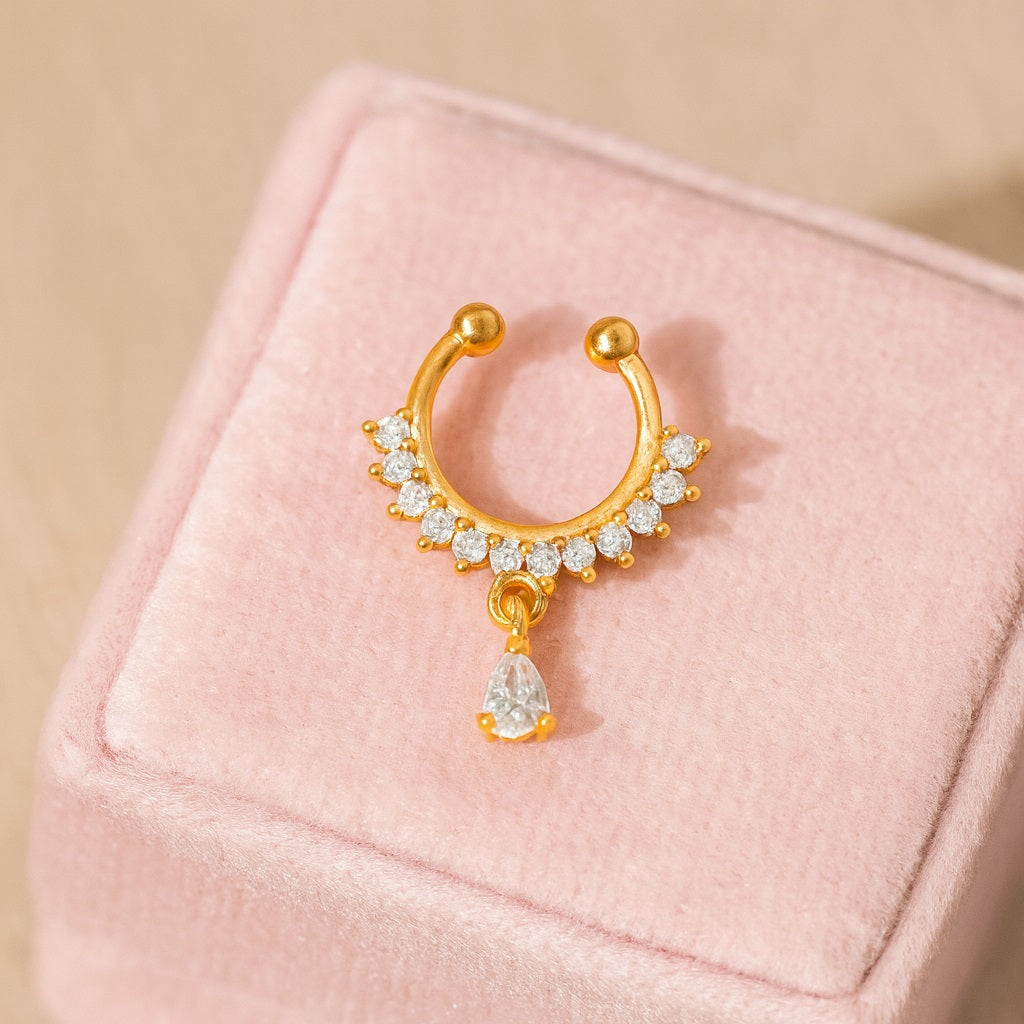 White CZ with Teardrop Dangling Nose Pin – Sterling Silver Gold Plated
