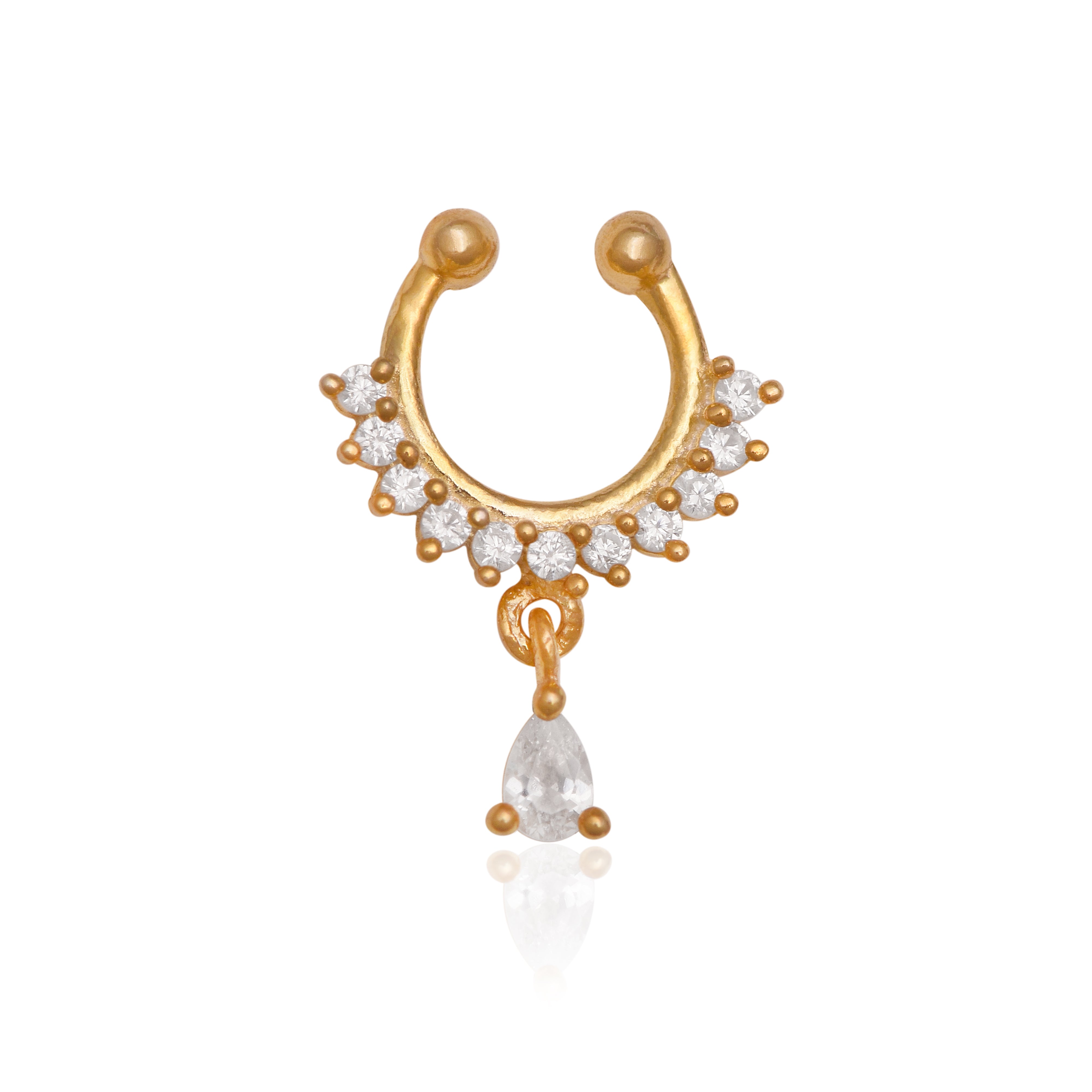 White CZ with Teardrop Dangling Nose Pin – Sterling Silver Gold Plated