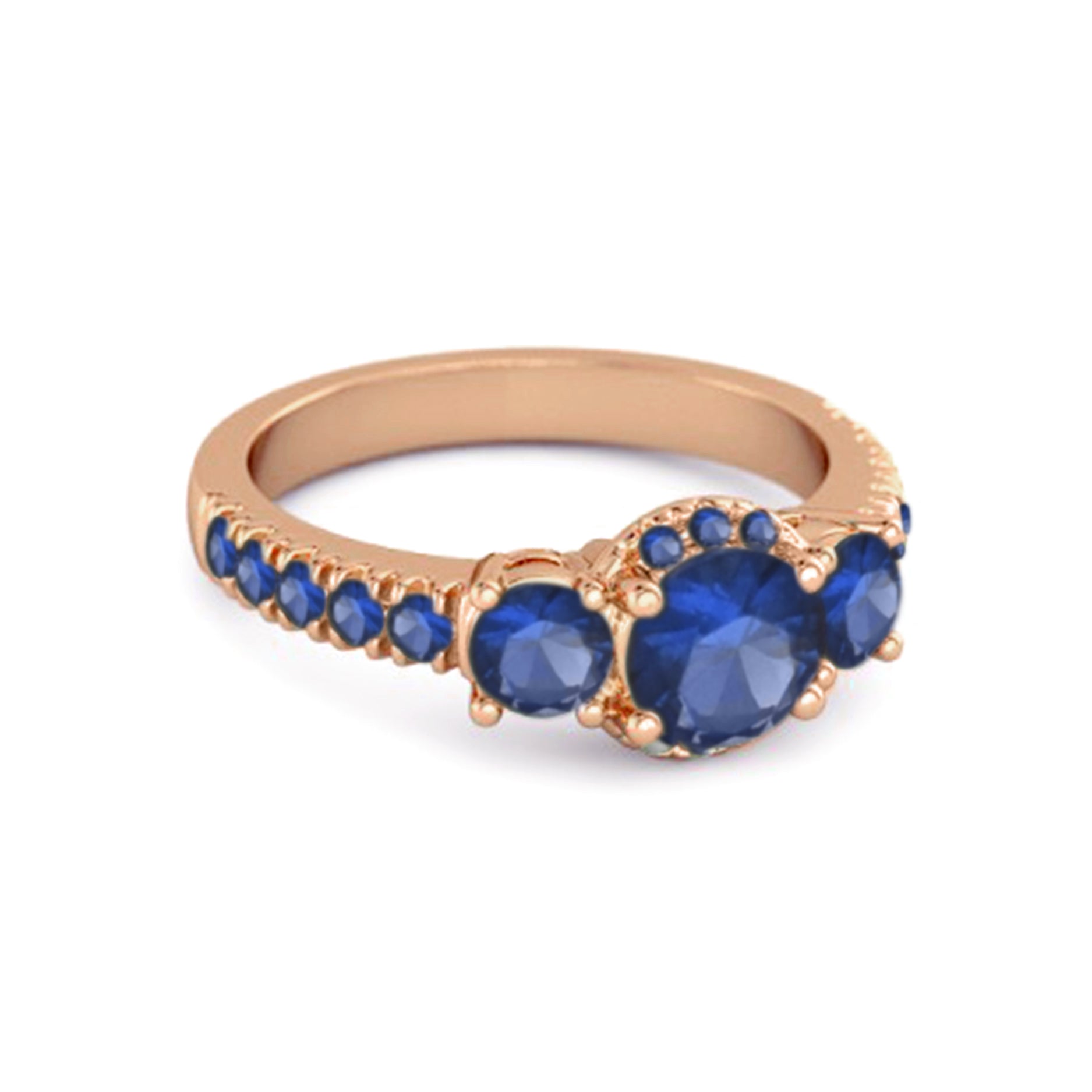 Blue Sapphire Three-Stone Halo Pavé Band Ring -Sterling Silver