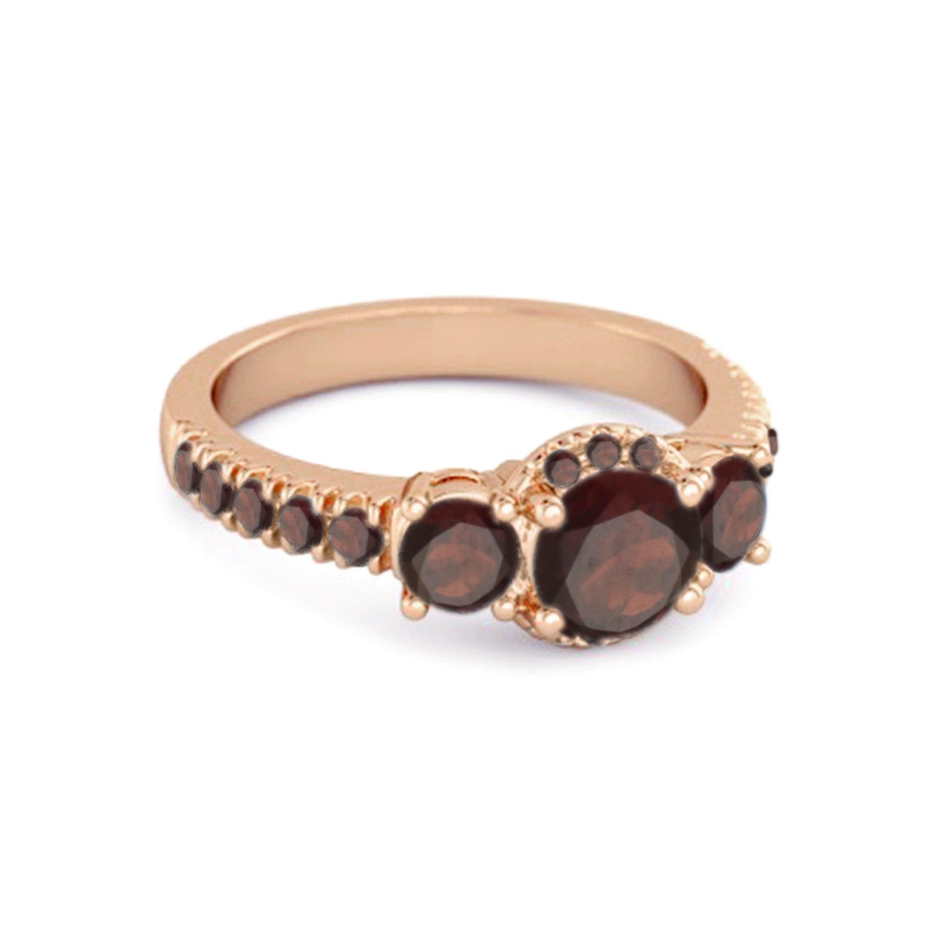 Garnet Three-Stone Halo Pavé Band Ring -Sterling Silver