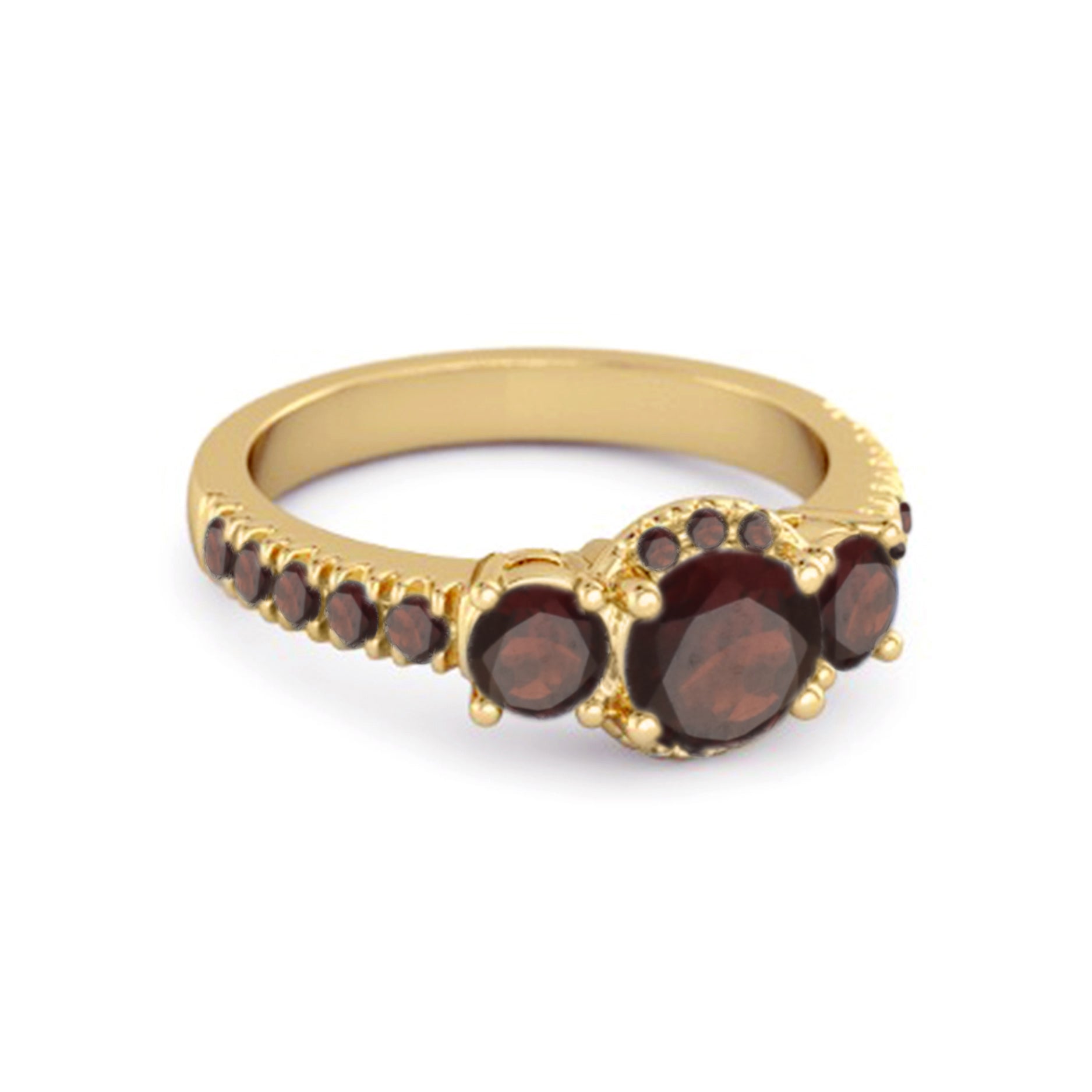 Garnet Three-Stone Halo Pavé Band Ring -Sterling Silver