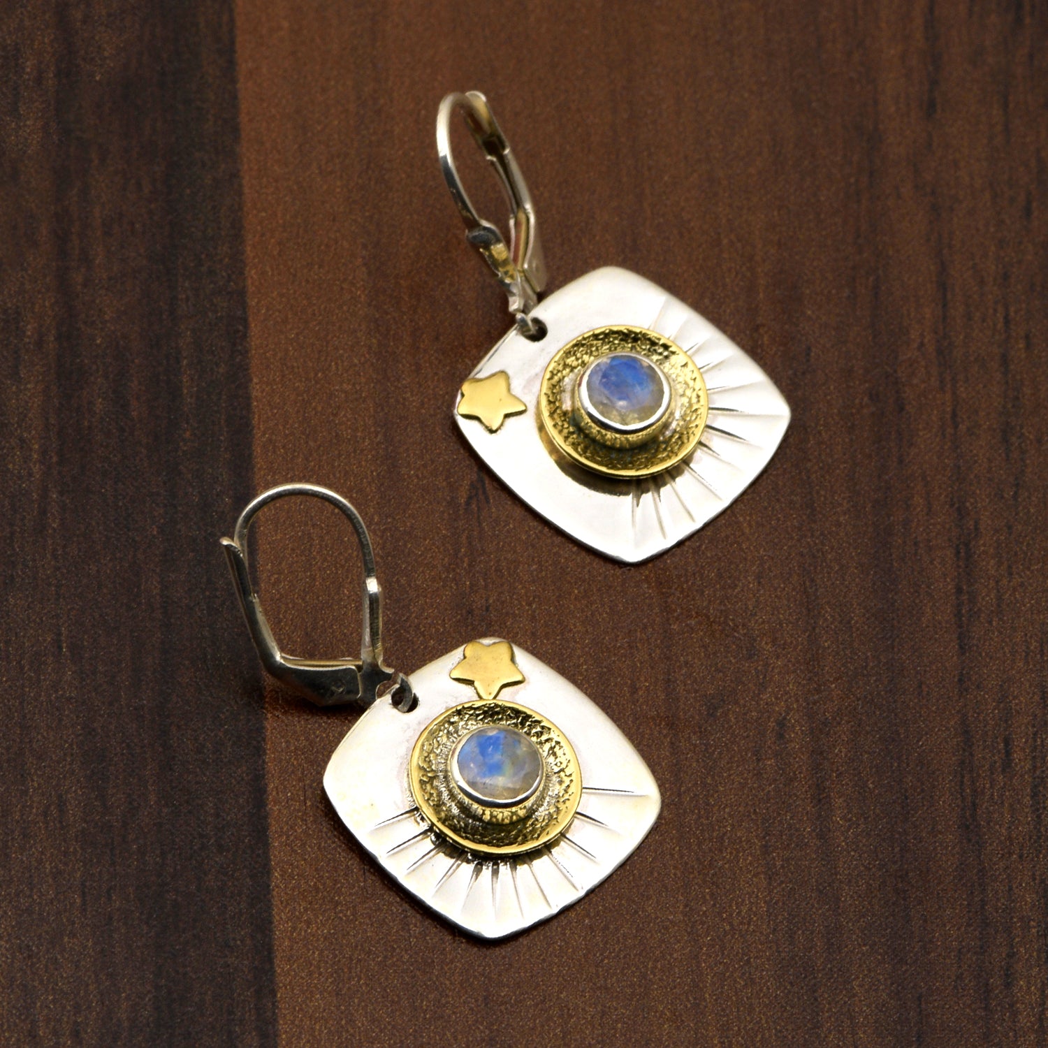 Moonstone Sun & Star Celestial Design Earrings - Sterling Silver