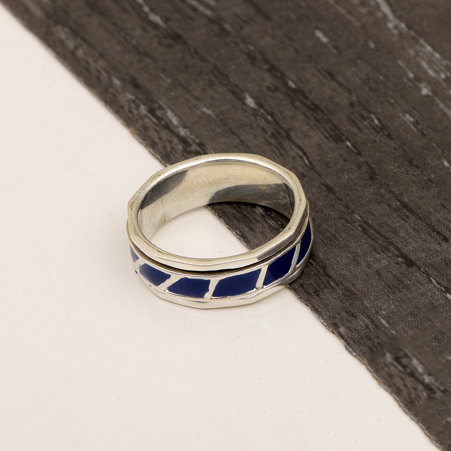 Navy Blue Enamel Inlay Spinner Ring - Sterling Silver