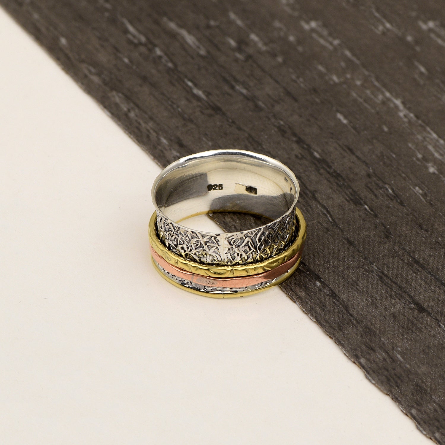 Dual Band Floral Texture Spinner Ring - Sterling Silver