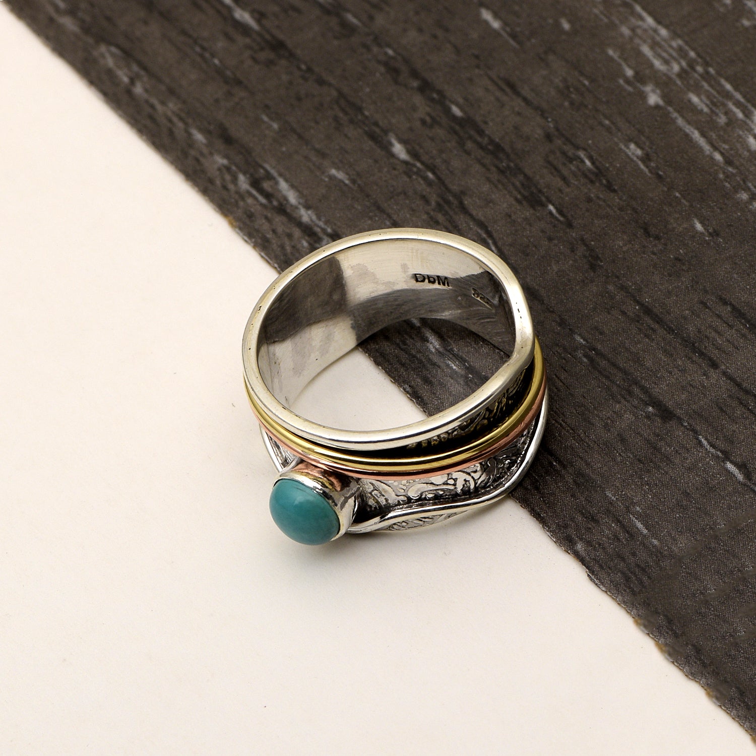 Larimar Wavy Edge & Triple Band Spinner Ring - Sterling Silver