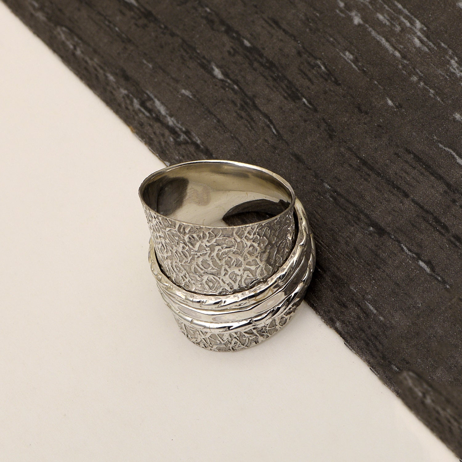Triple Plain Band Engraved Spinner Ring - Sterling Silver