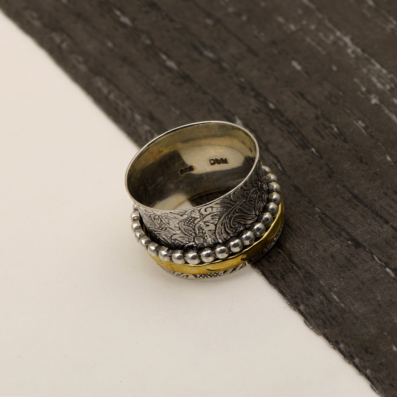 Dual Floral Engraved Spinner Ring - Sterling Silver
