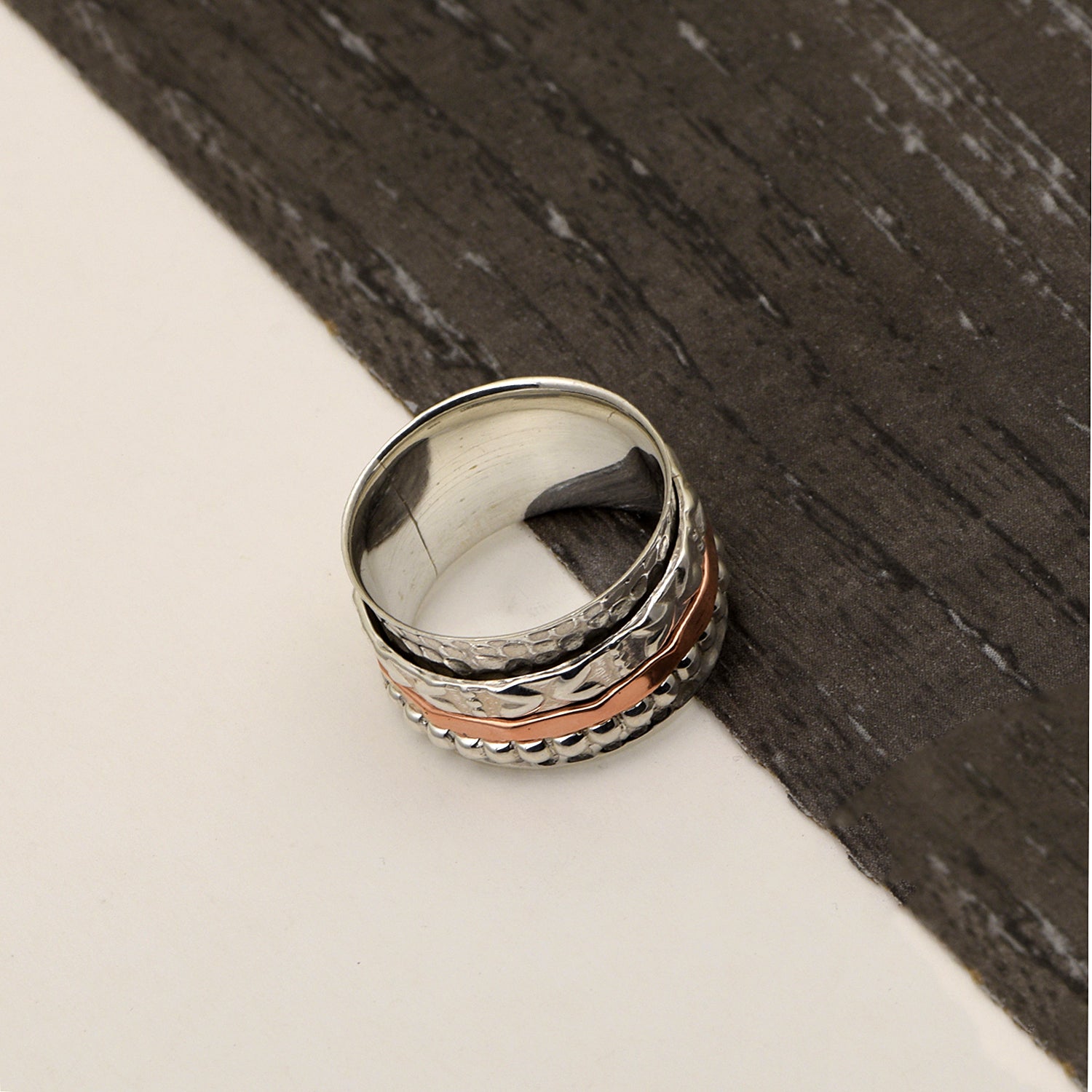Triple Band Textured Design Spinner Ring - Sterling Silver
