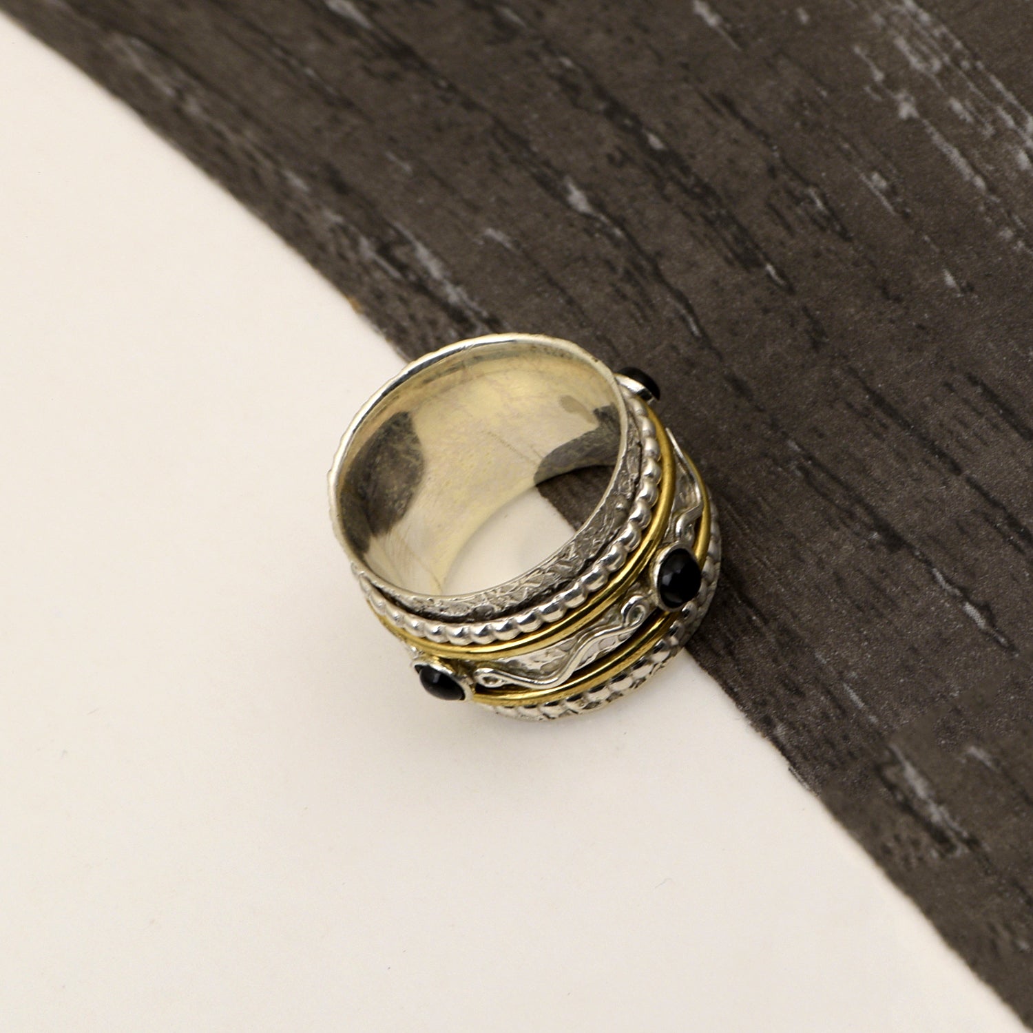 Black Onyx Textured Tribal Design Spinner Ring - Sterling Silver