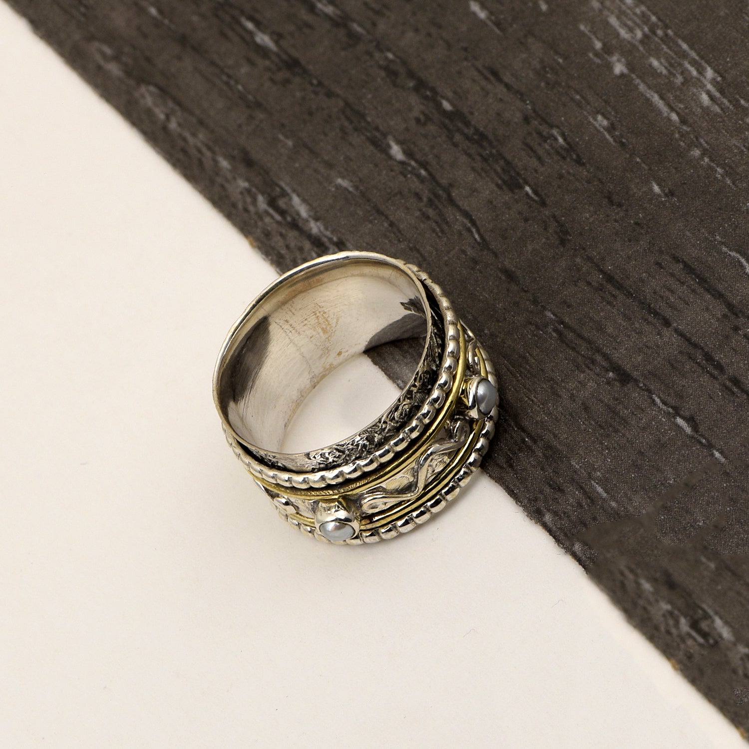 Moonstone Textured Tribal Design Spinner Ring - Sterling Silver