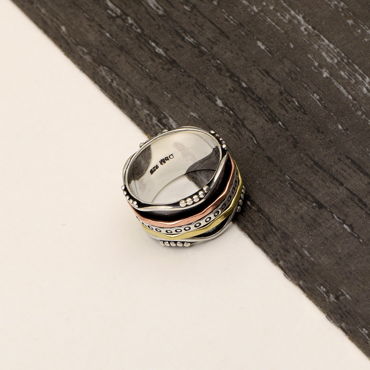 Wavy Edge Beaded Design Spinner Ring - Sterling Silver