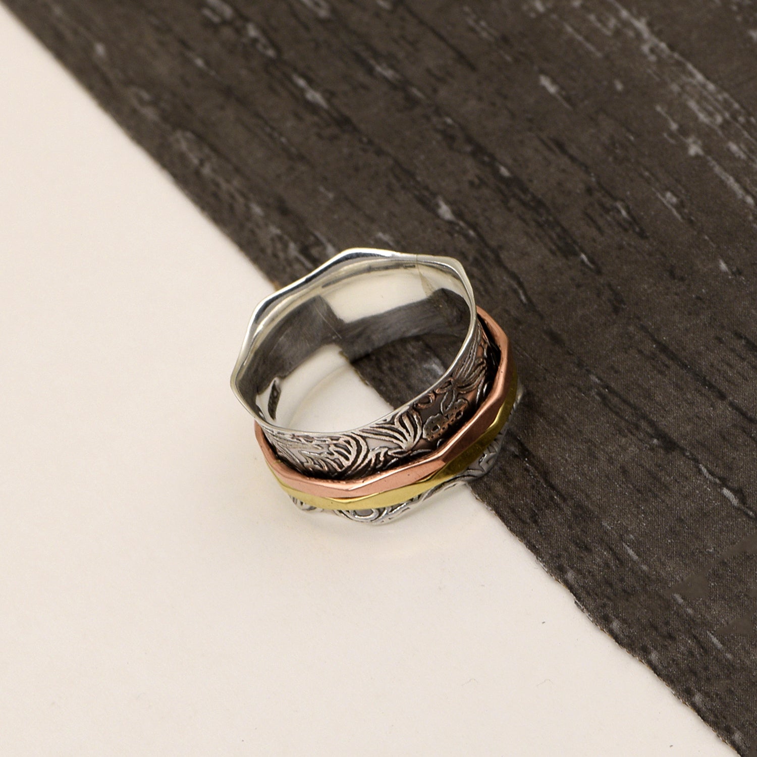 Dual Tone Engraved Design Spinner Ring - Sterling Silver