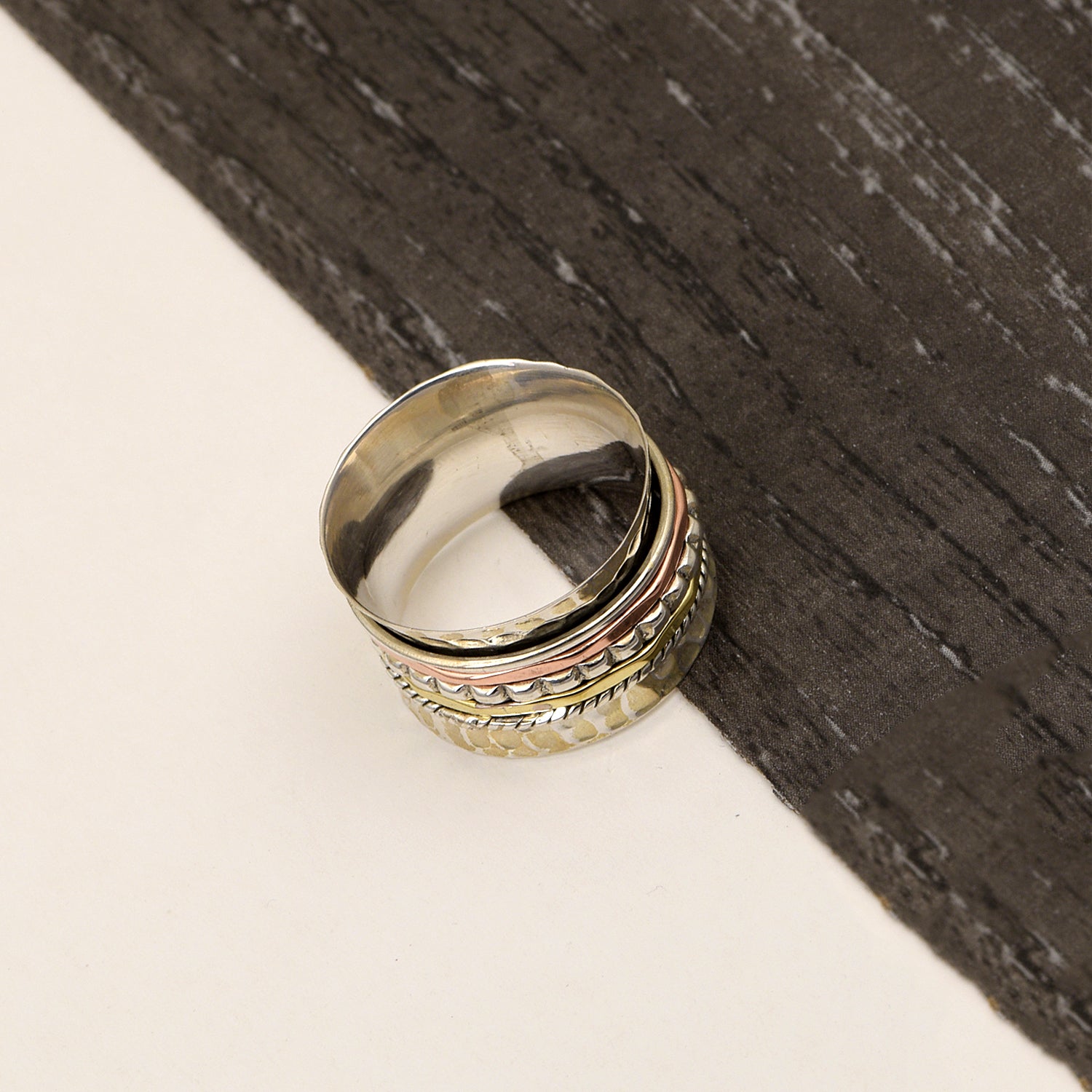 Multi-Band Textured Design Spinner Ring - Sterling Silver