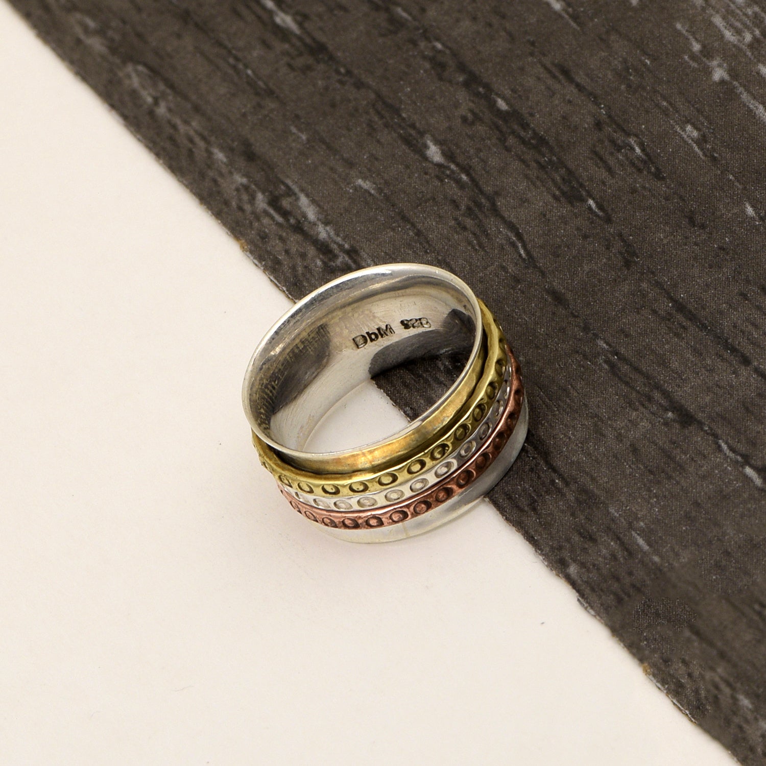 Triple Band with Etched Dot Spinner Ring - Sterling Silver