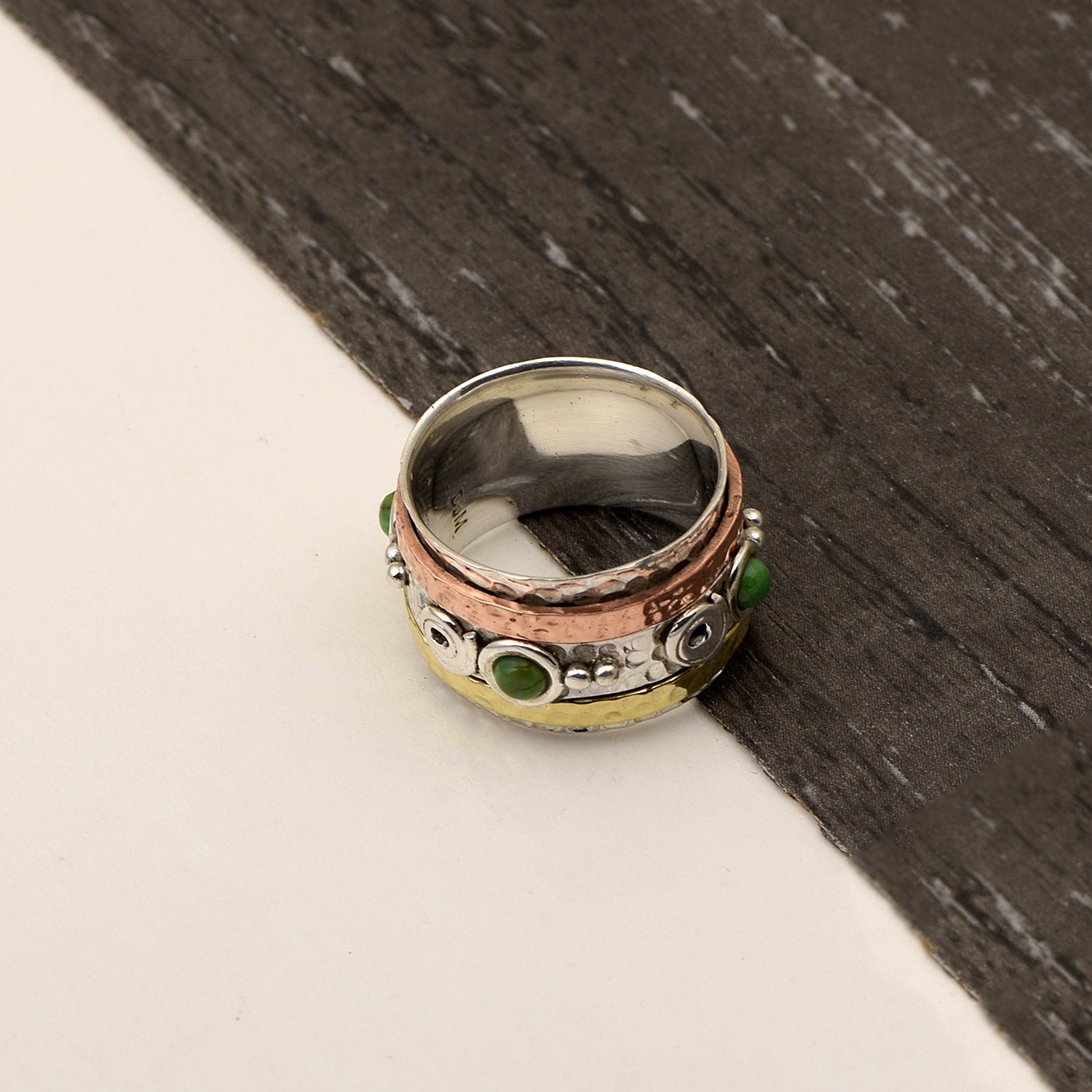 Green Turquoise Wide Textured Spinner Ring - Sterling Silver
