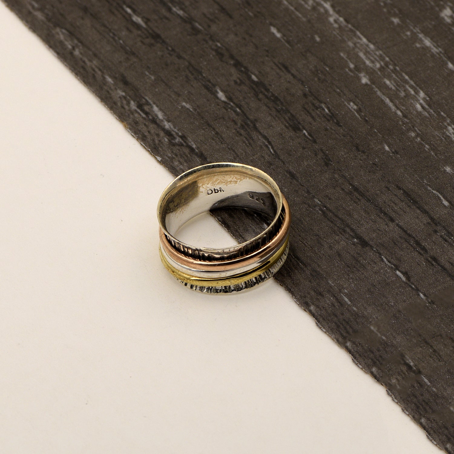 Triple-Tone Textured Spinner Ring - Sterling Silver