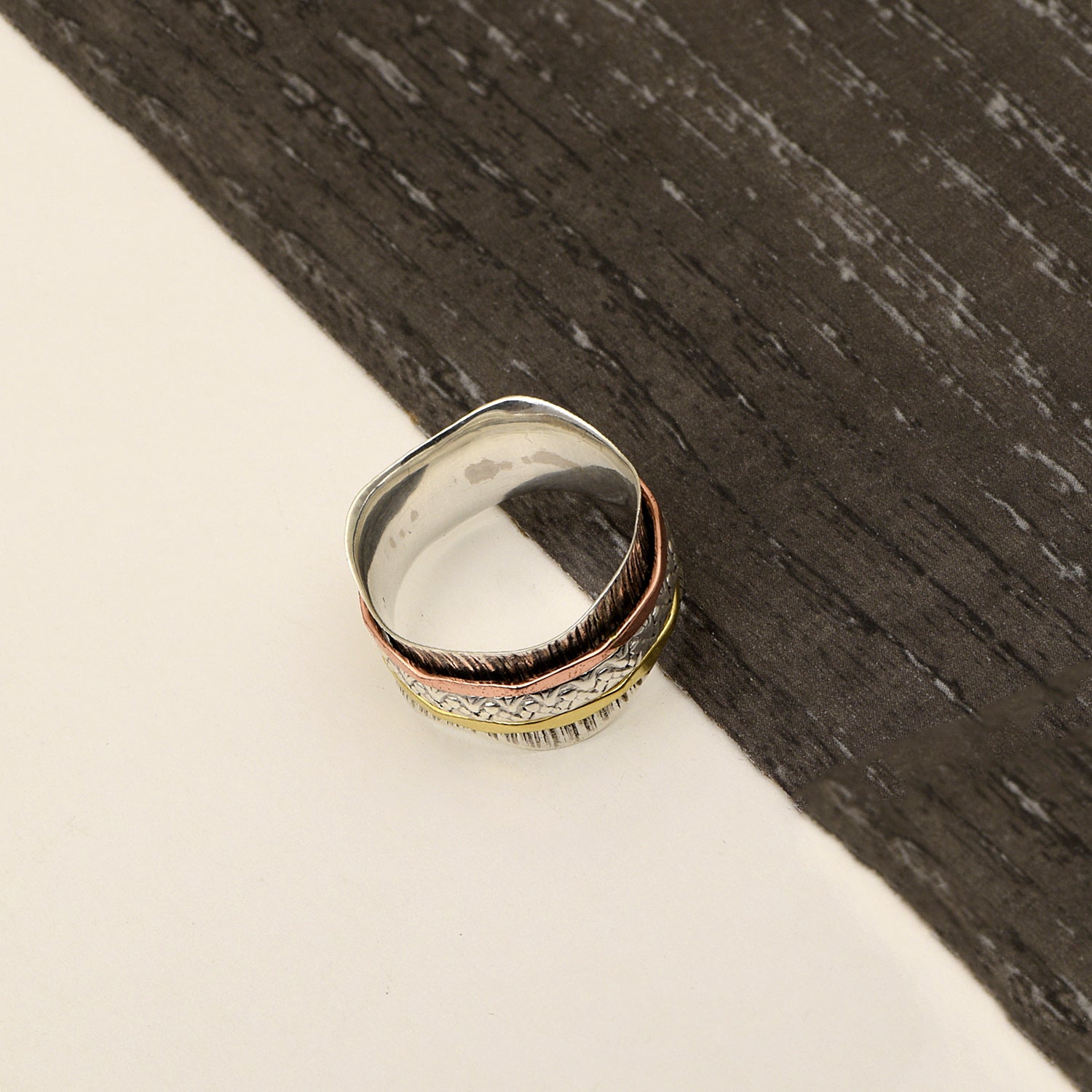 Triple Band Design Textured Spinner Ring - Sterling Silver