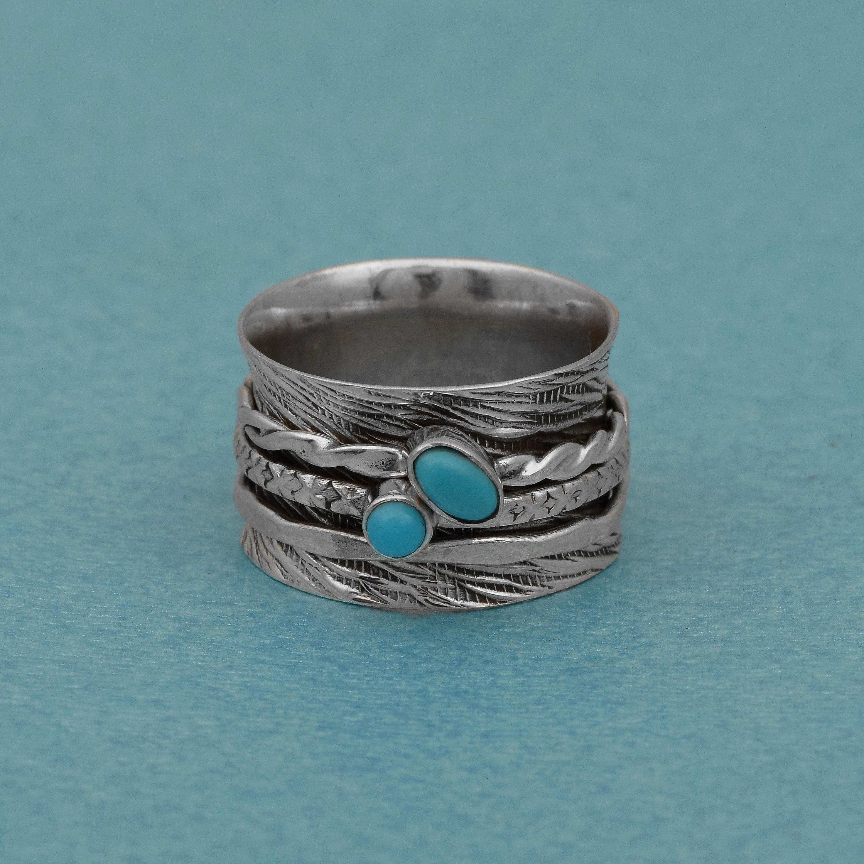 Turquoise Boho Design Spinner Ring - Sterling Silver