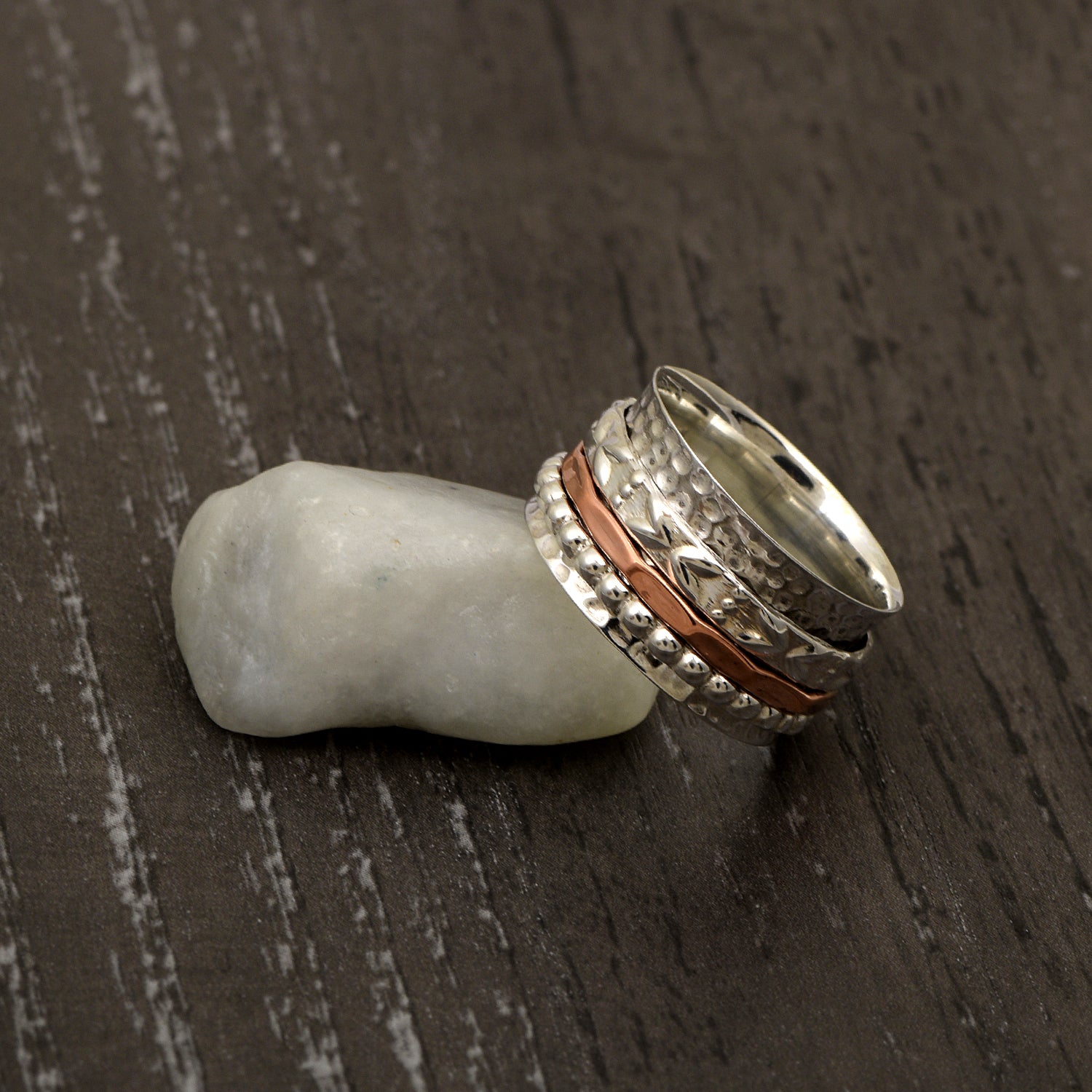 Triple Band Textured Design Spinner Ring - Sterling Silver