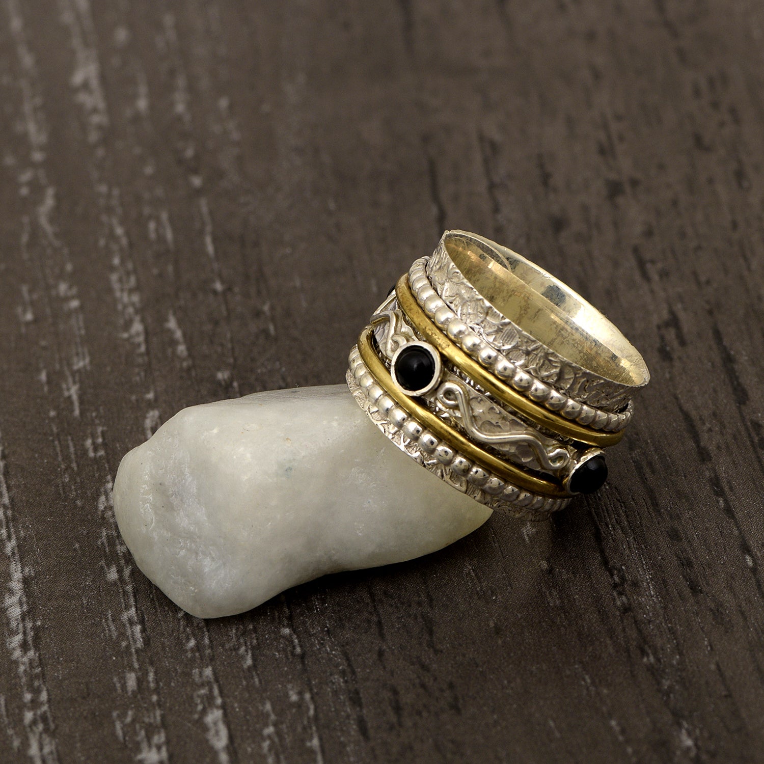 Black Onyx Textured Tribal Design Spinner Ring - Sterling Silver