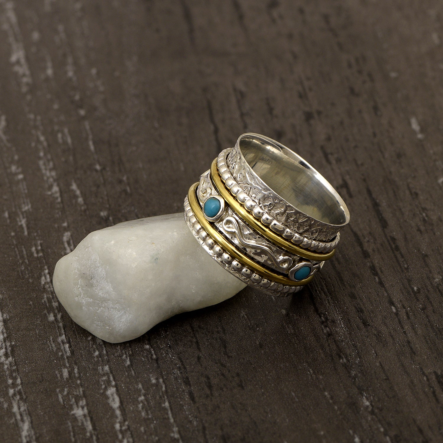 Turquoise Tribal Textured Design Spinner Ring - Sterling Silver