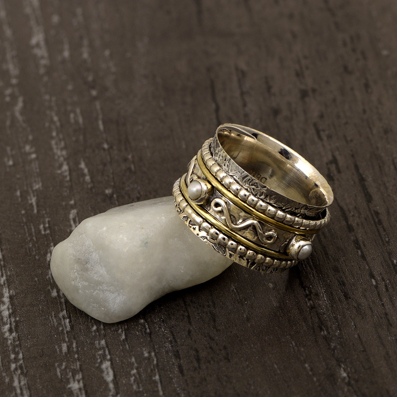 Moonstone Textured Tribal Design Spinner Ring - Sterling Silver
