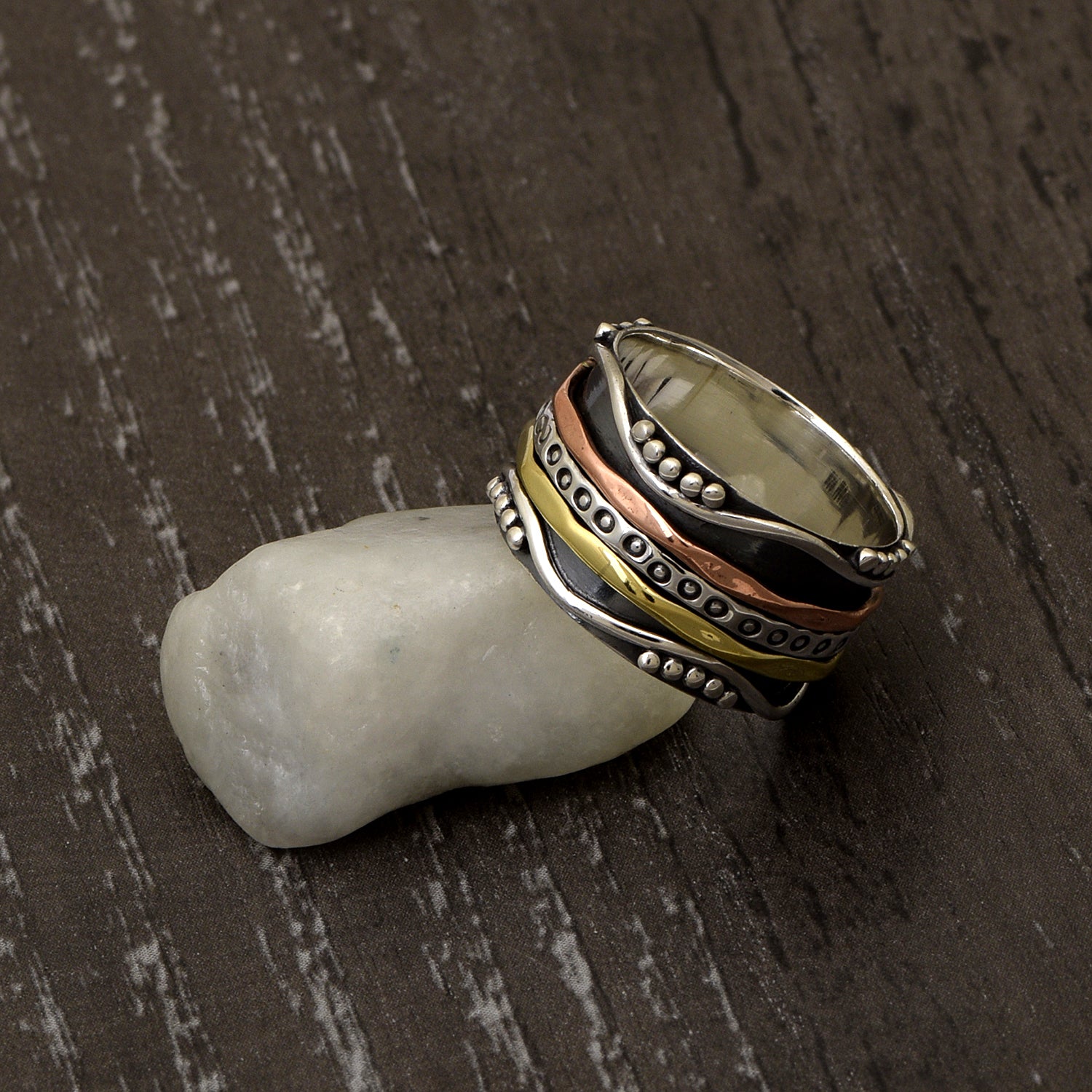 Wavy Edge Beaded Design Spinner Ring - Sterling Silver