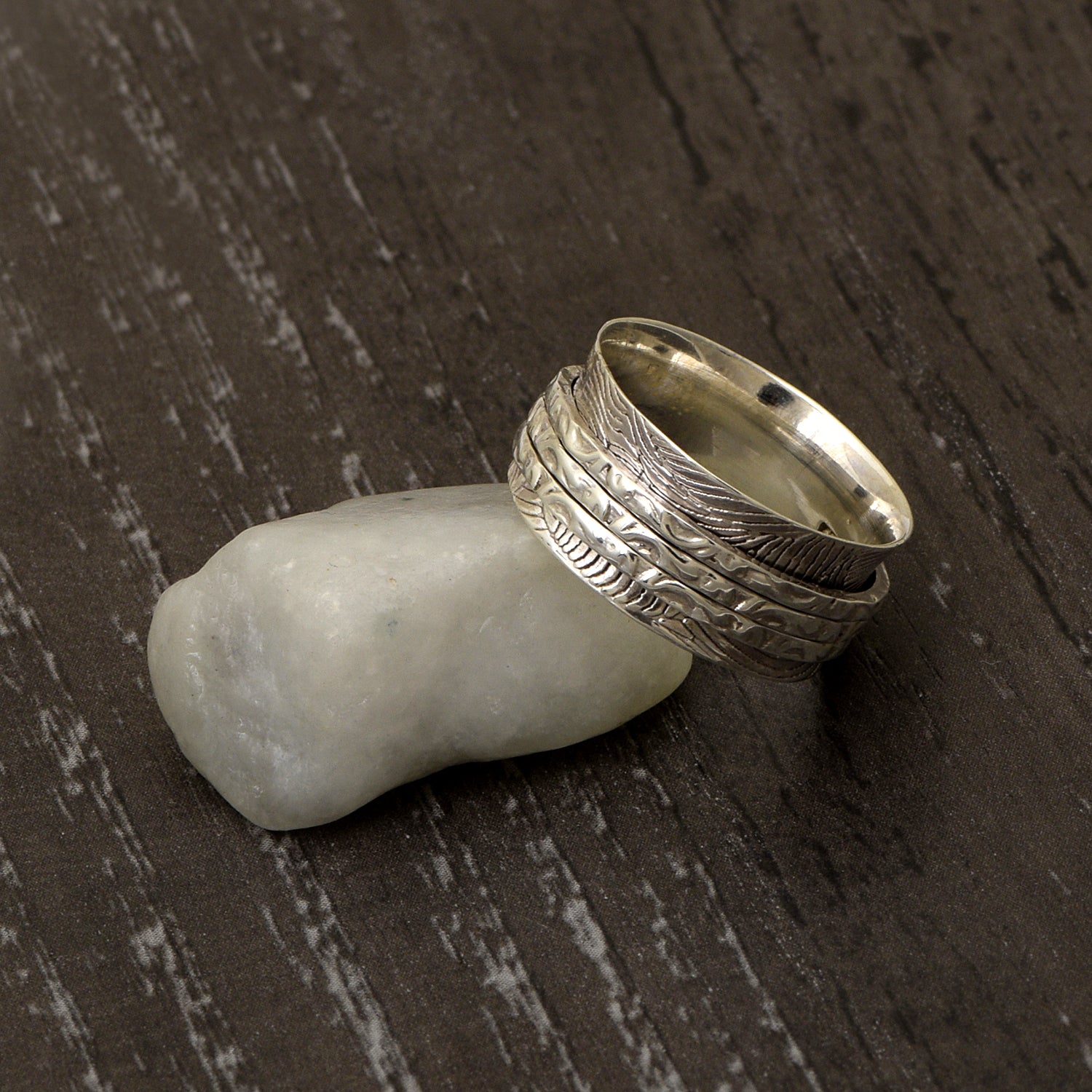 Triple Band Textured Design Spinner Ring - Sterling Silver