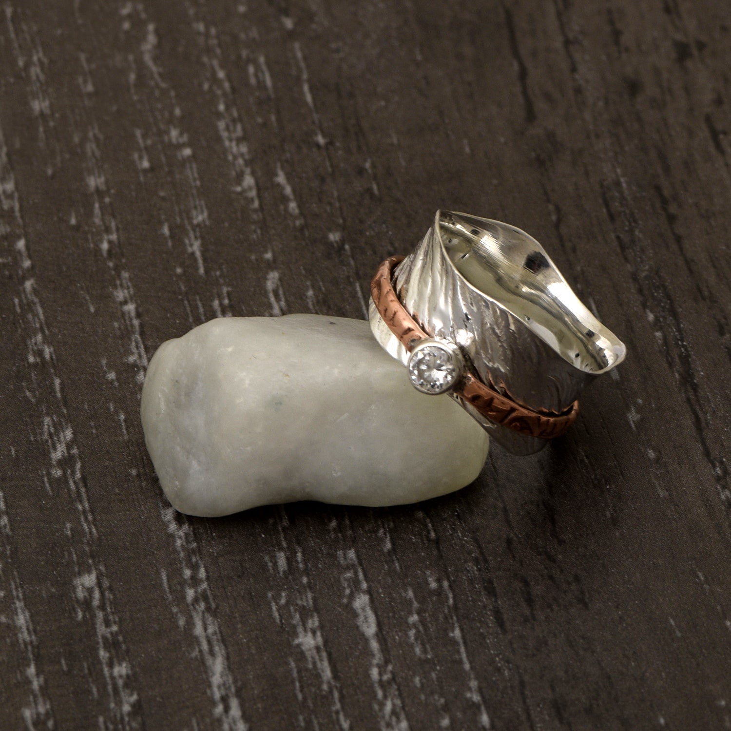 White CZ Textured Wavy Spinner Ring - Sterling Silver