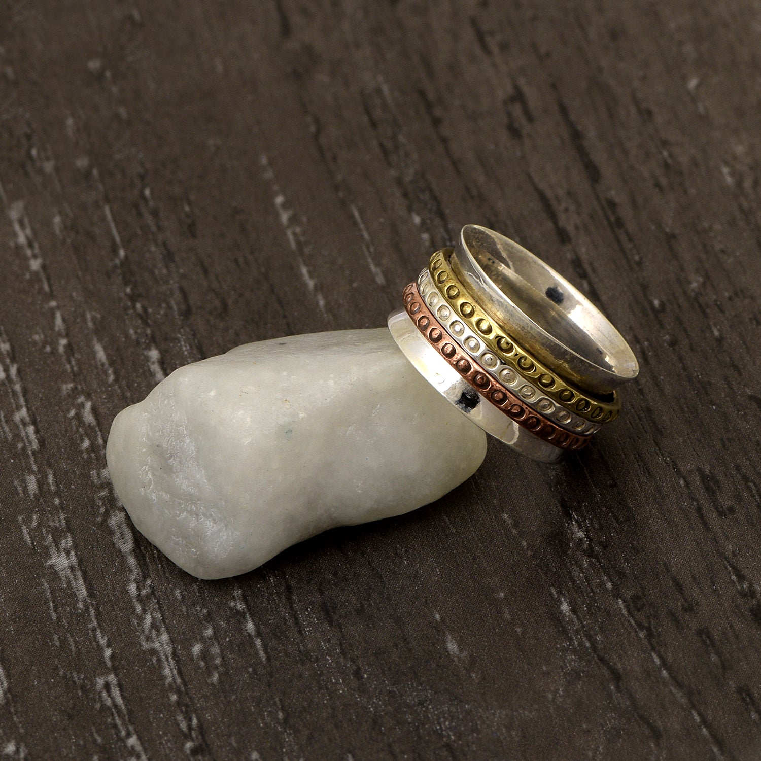 Triple Band with Etched Dot Spinner Ring - Sterling Silver