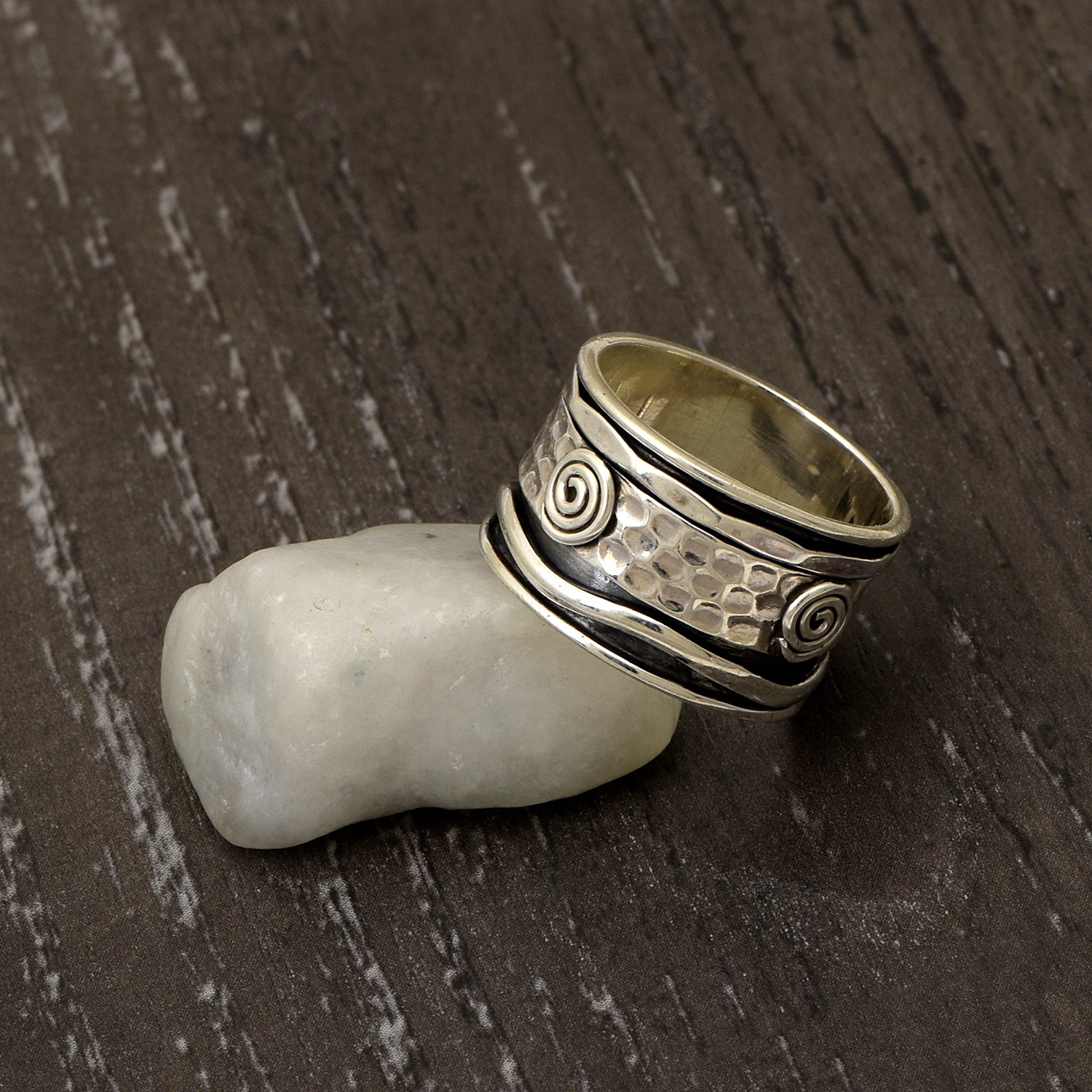 Hammered Swirl Design Spinner Ring - Sterling Silver