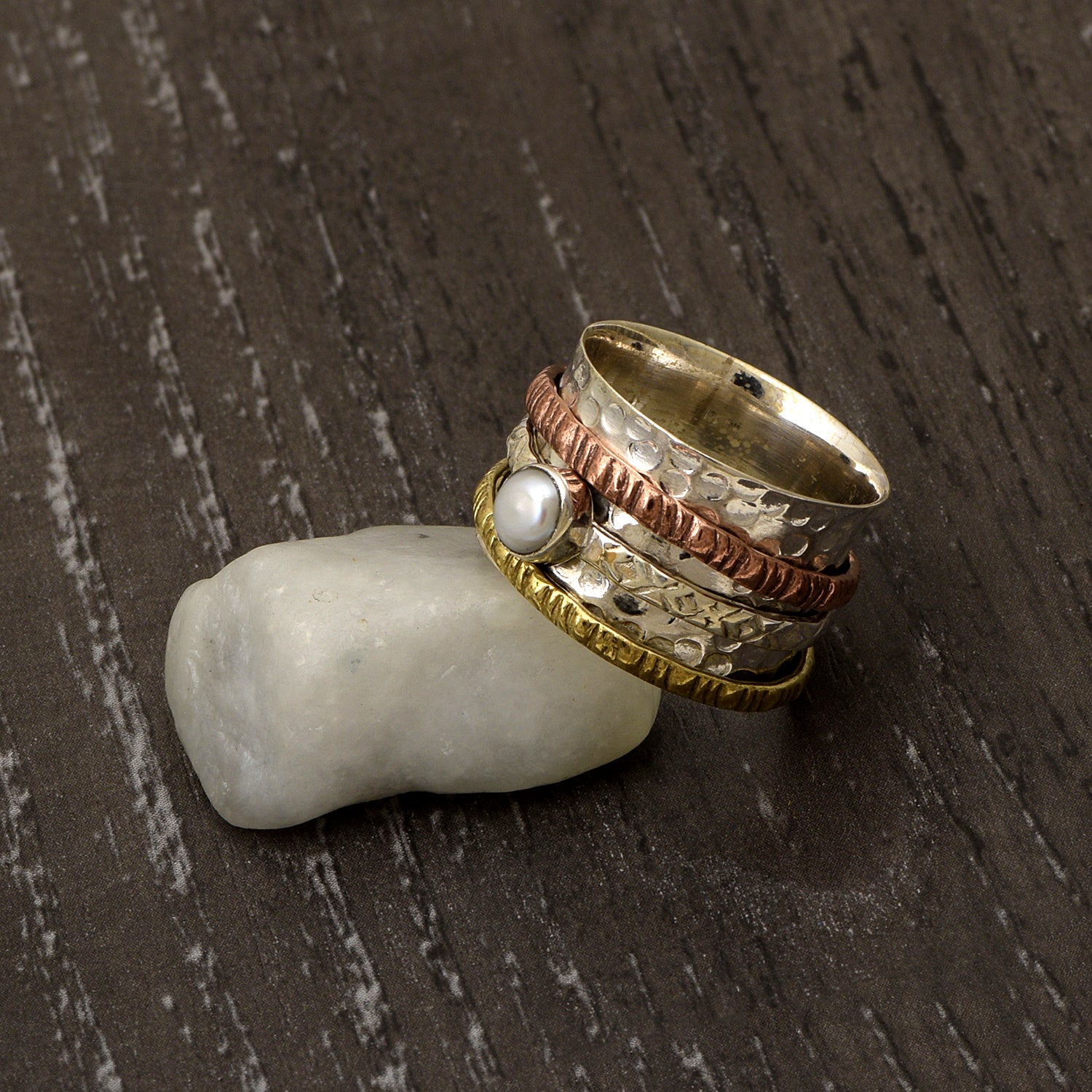 Pearl Triple Texture Design Spinner Ring - Sterling Silver