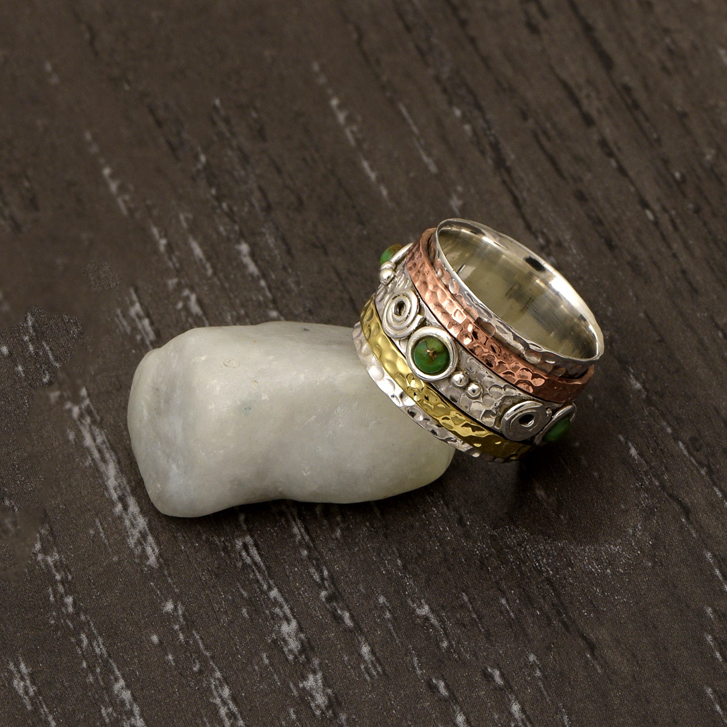Green Turquoise Wide Textured Spinner Ring - Sterling Silver
