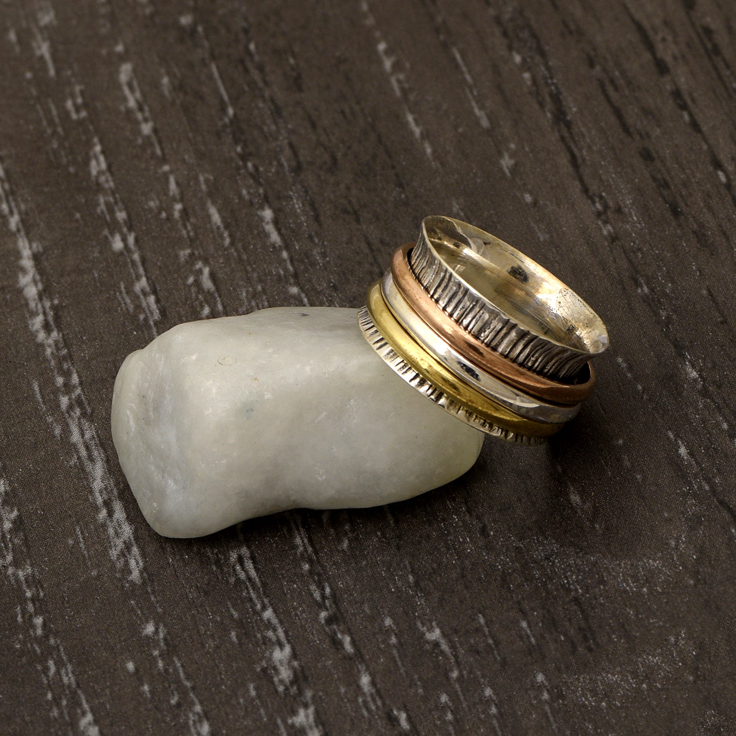 Triple-Tone Textured Spinner Ring - Sterling Silver