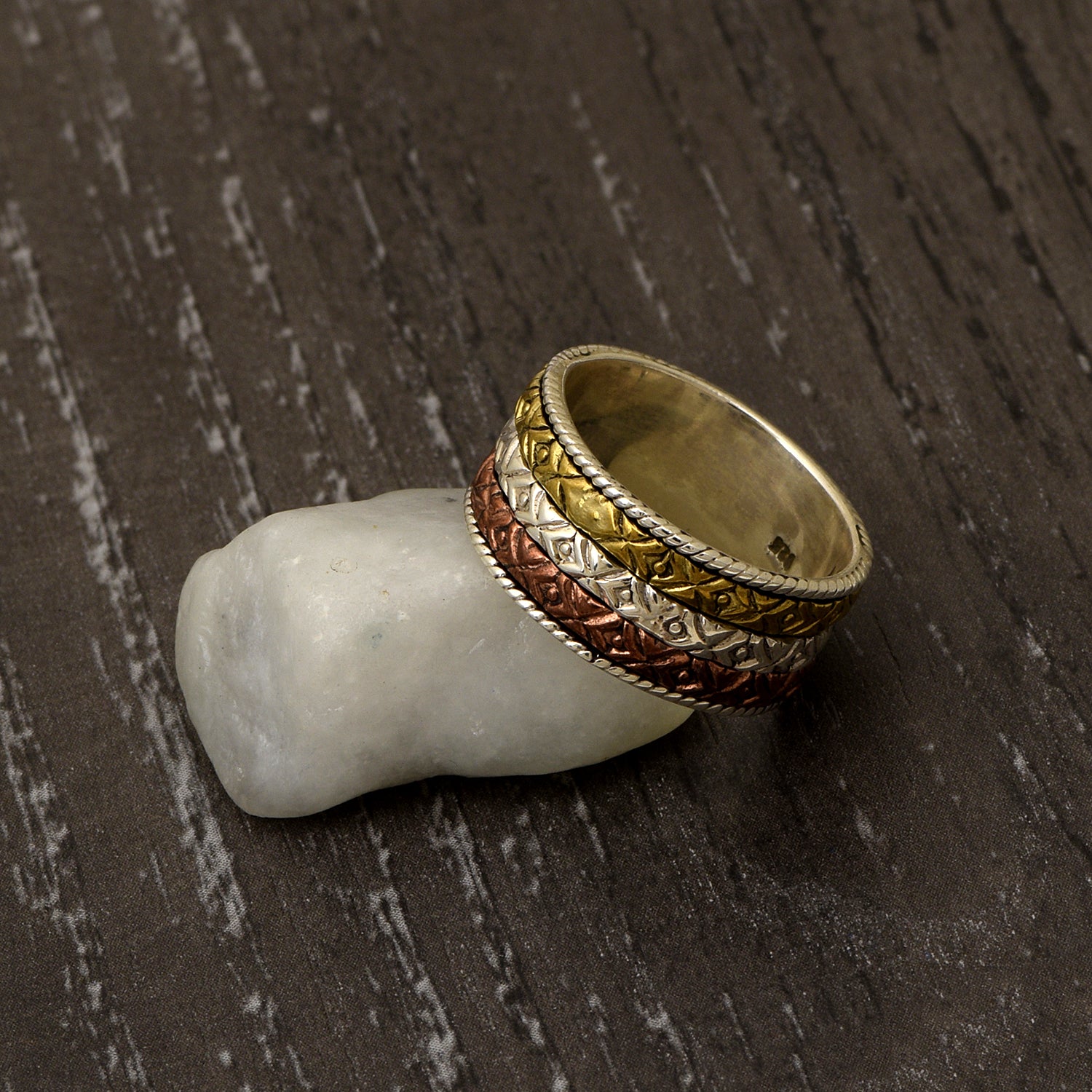 Triple Textured Rope Edging Spinner Ring - Sterling Silver