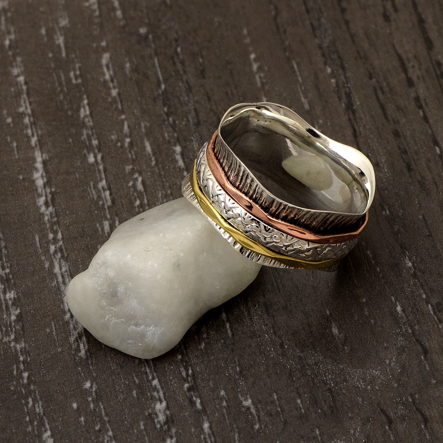 Triple Band Design Textured Spinner Ring - Sterling Silver