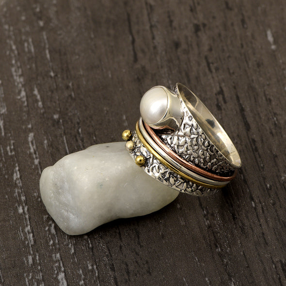 Pearl Multi Band Engraved Meditation Spinner Ring