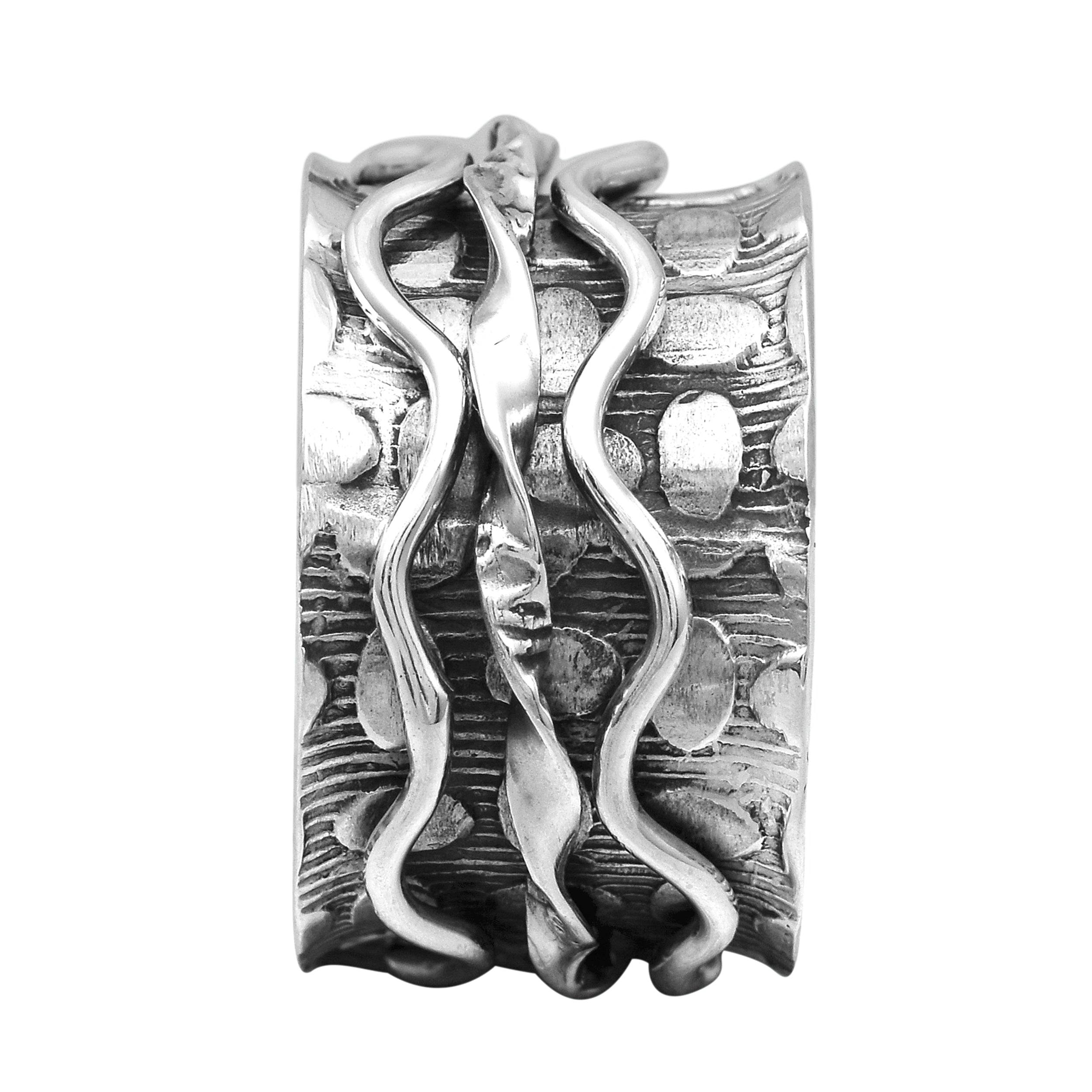 Wavy Spinner Design Ring - Sterling Silver Oxidized Plated