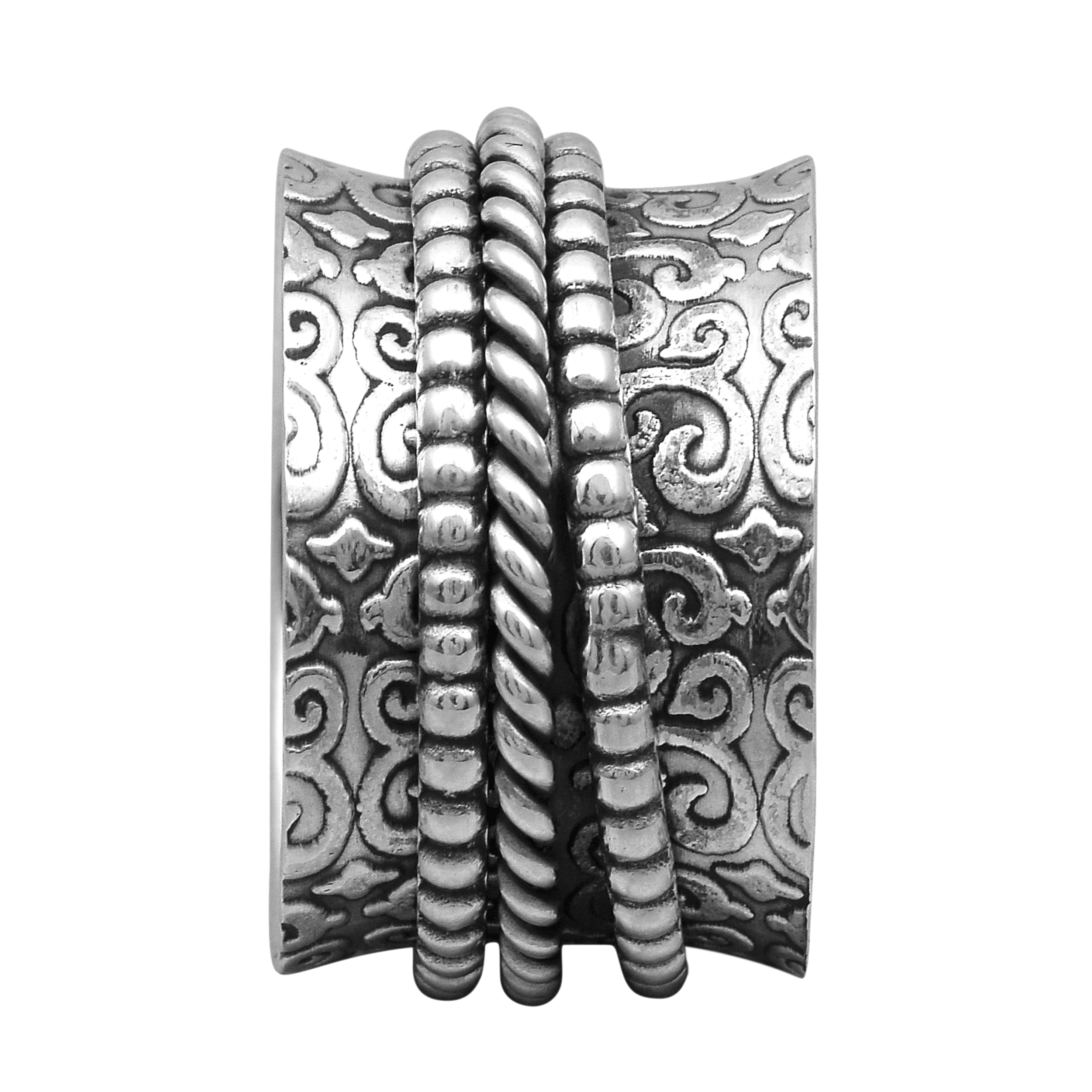 Ornate Floral Pattern Spinner Ring - Sterling Silver