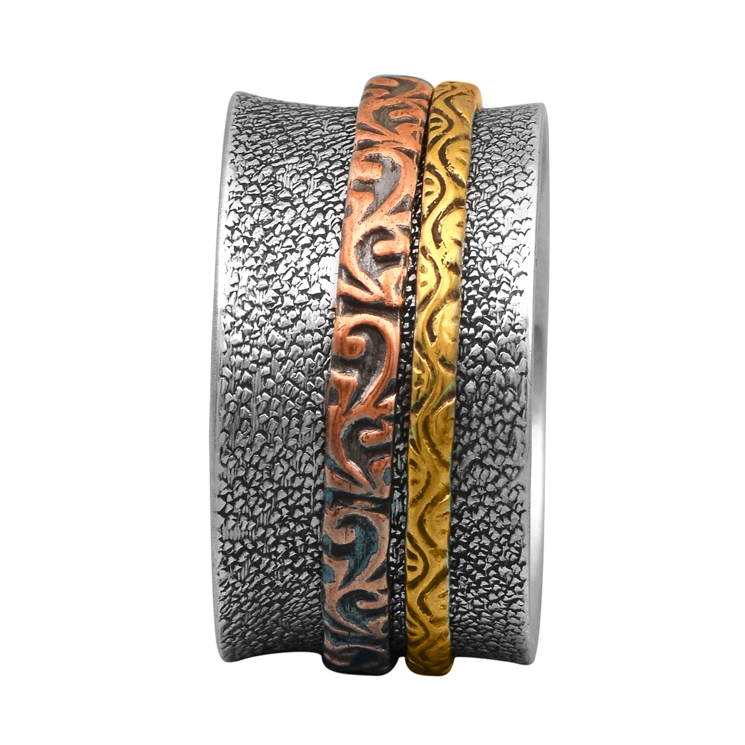 Dual Ornate Textured Spinner Ring - Sterling Silver