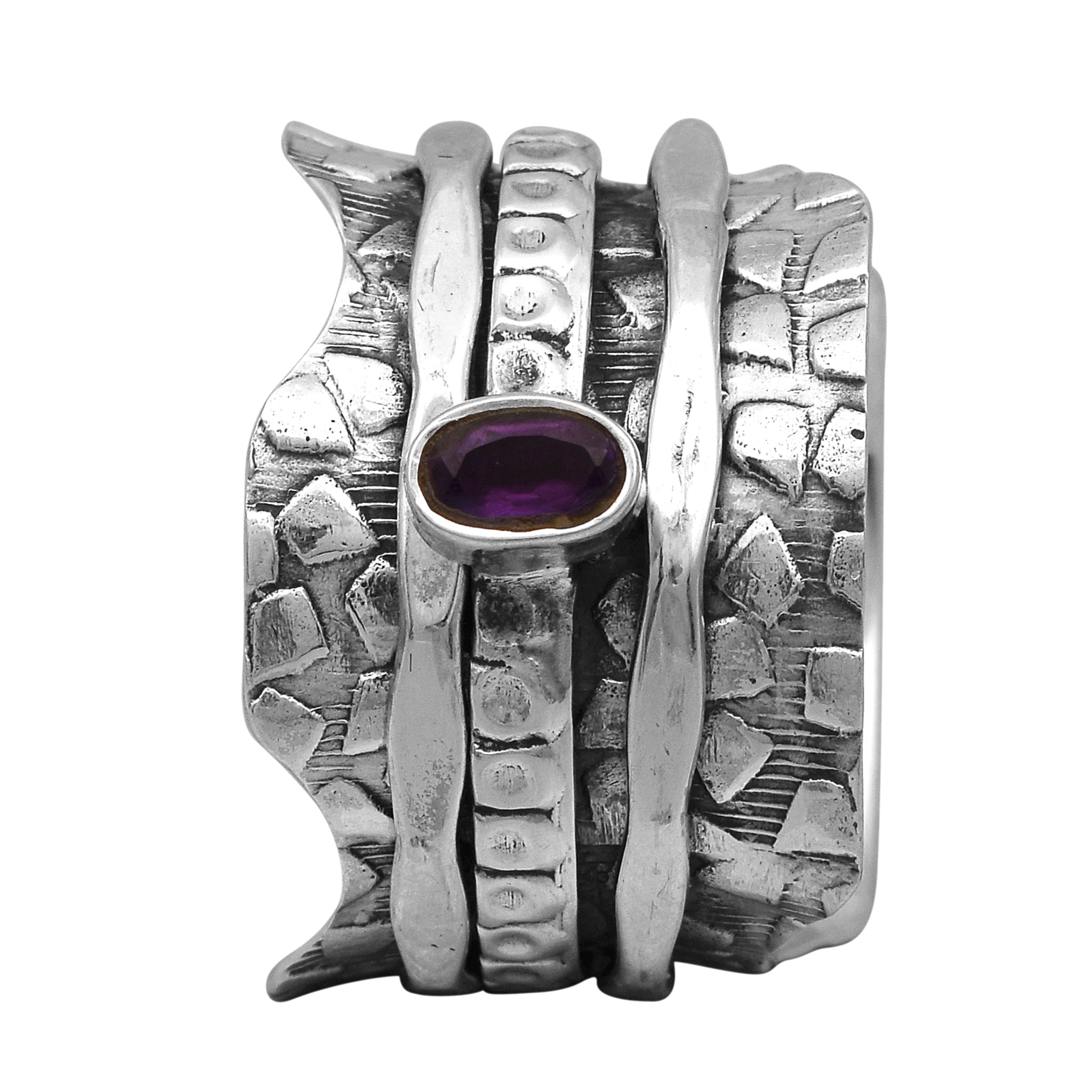 Amethyst Sculpted Edges & Textured Spinner Ring - Sterling Silver
