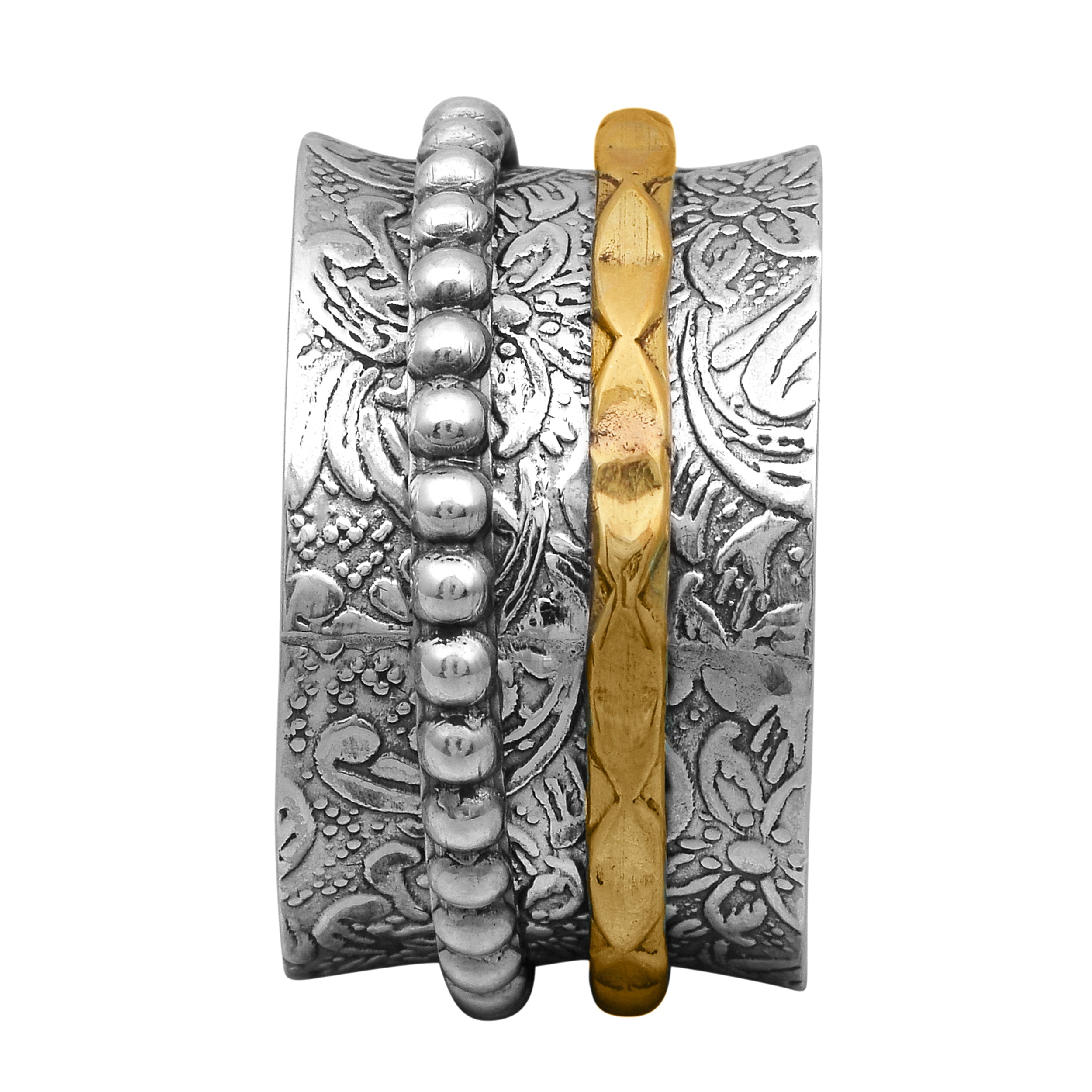 Floral Engraved Beaded Spinner Ring - Sterling Silver