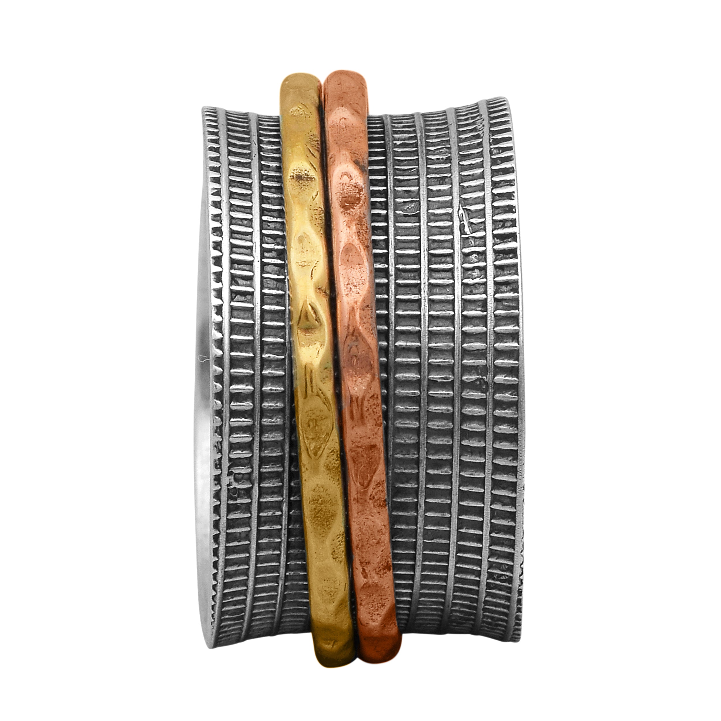 Linear Texture Band with Dual Tone Spinner Ring - Sterling Silver