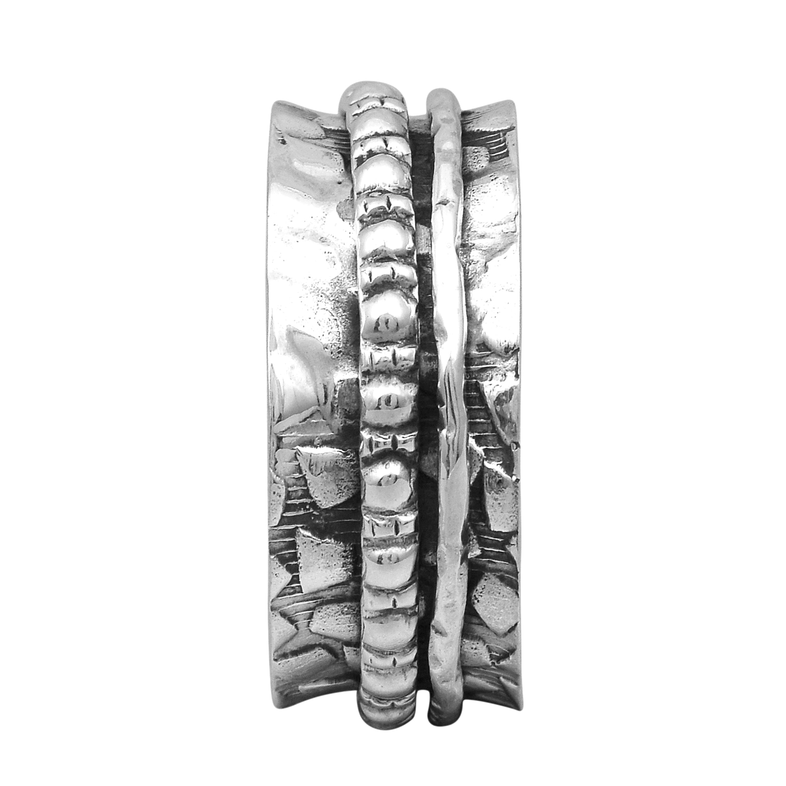 Hammered Texture with Beaded Spinner Ring - Sterling Silver