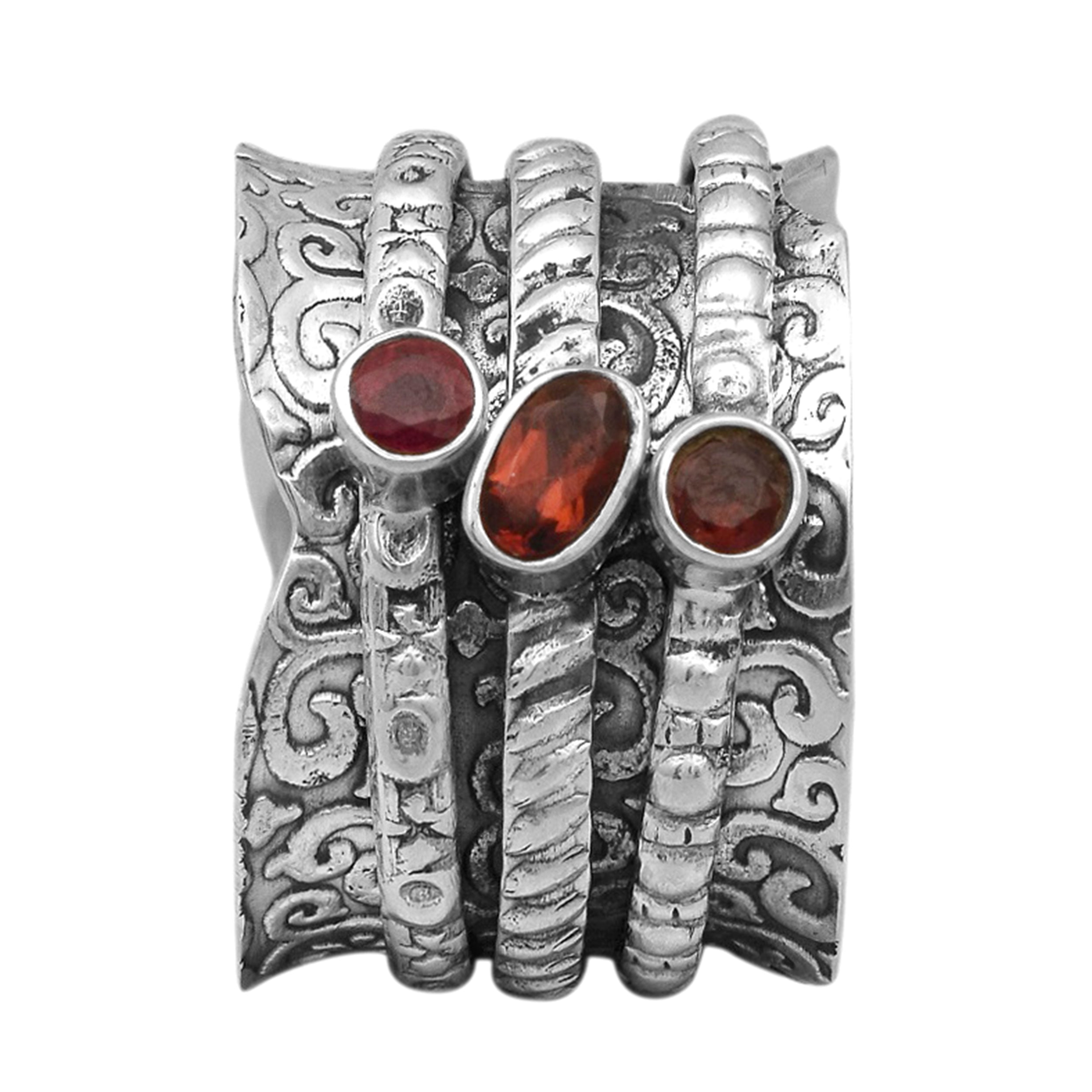 Garnet Triple Stone Ornate Spinner Ring - Sterling Silver