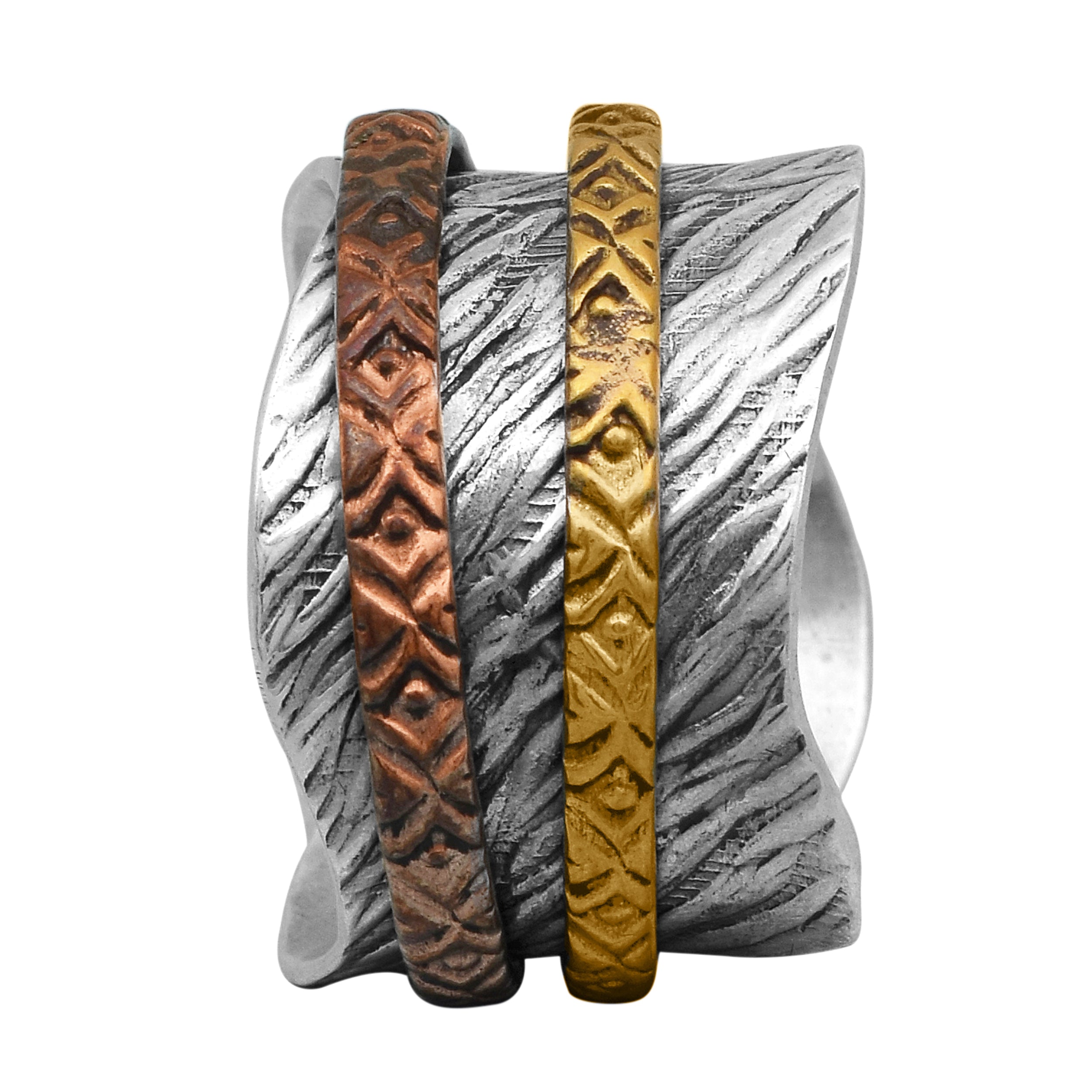 Textured Wave Band with Dual Tribal Spinner Ring - Sterling Silver