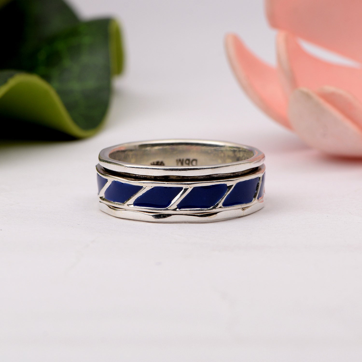Navy Blue Enamel Inlay Spinner Ring - Sterling Silver
