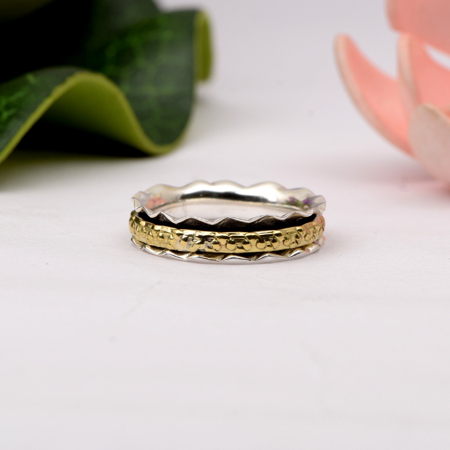 Wavy Edge Hammered Spinner Ring - Sterling Silver