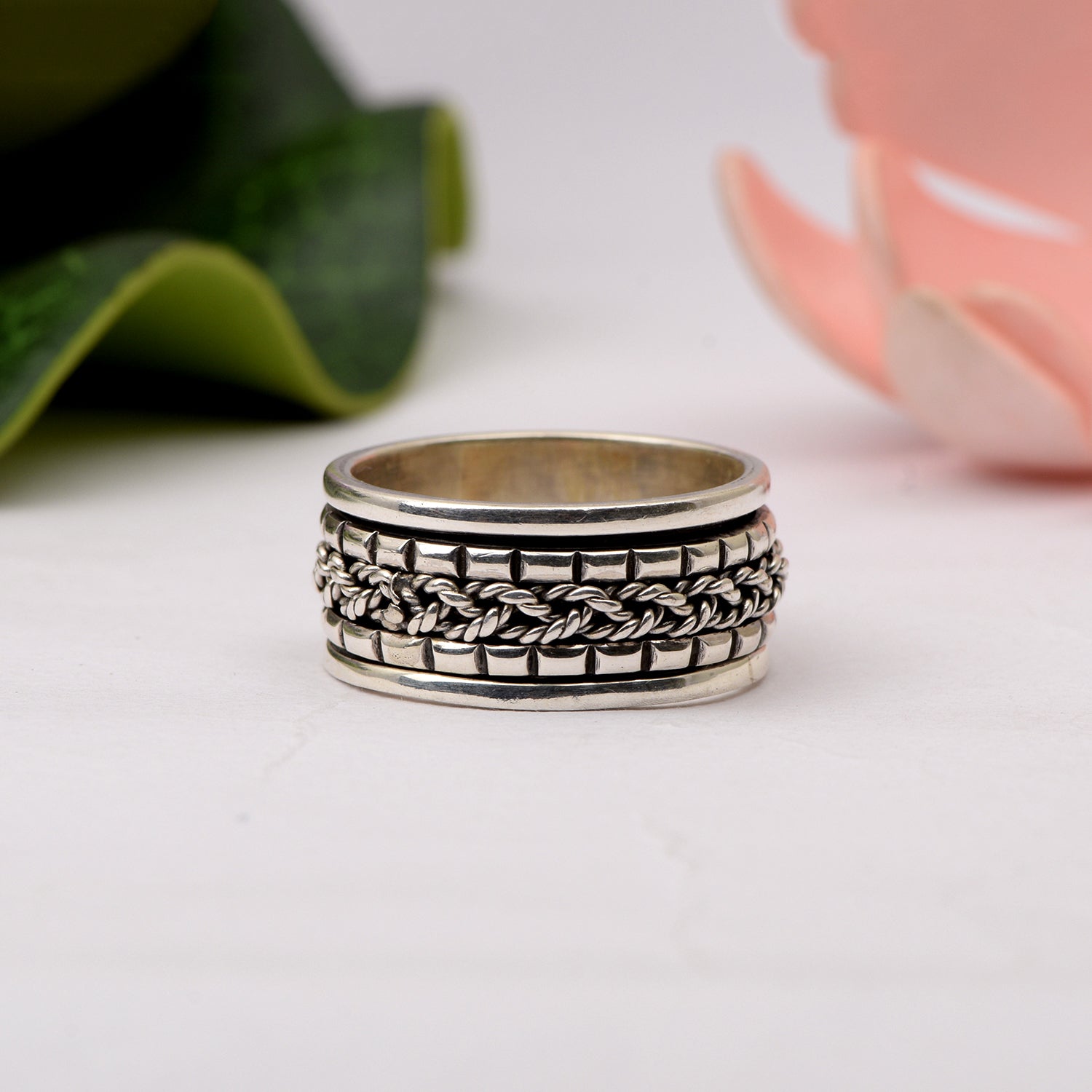 Braided Tribal Box Pattern Spinner Ring - Sterling Silver